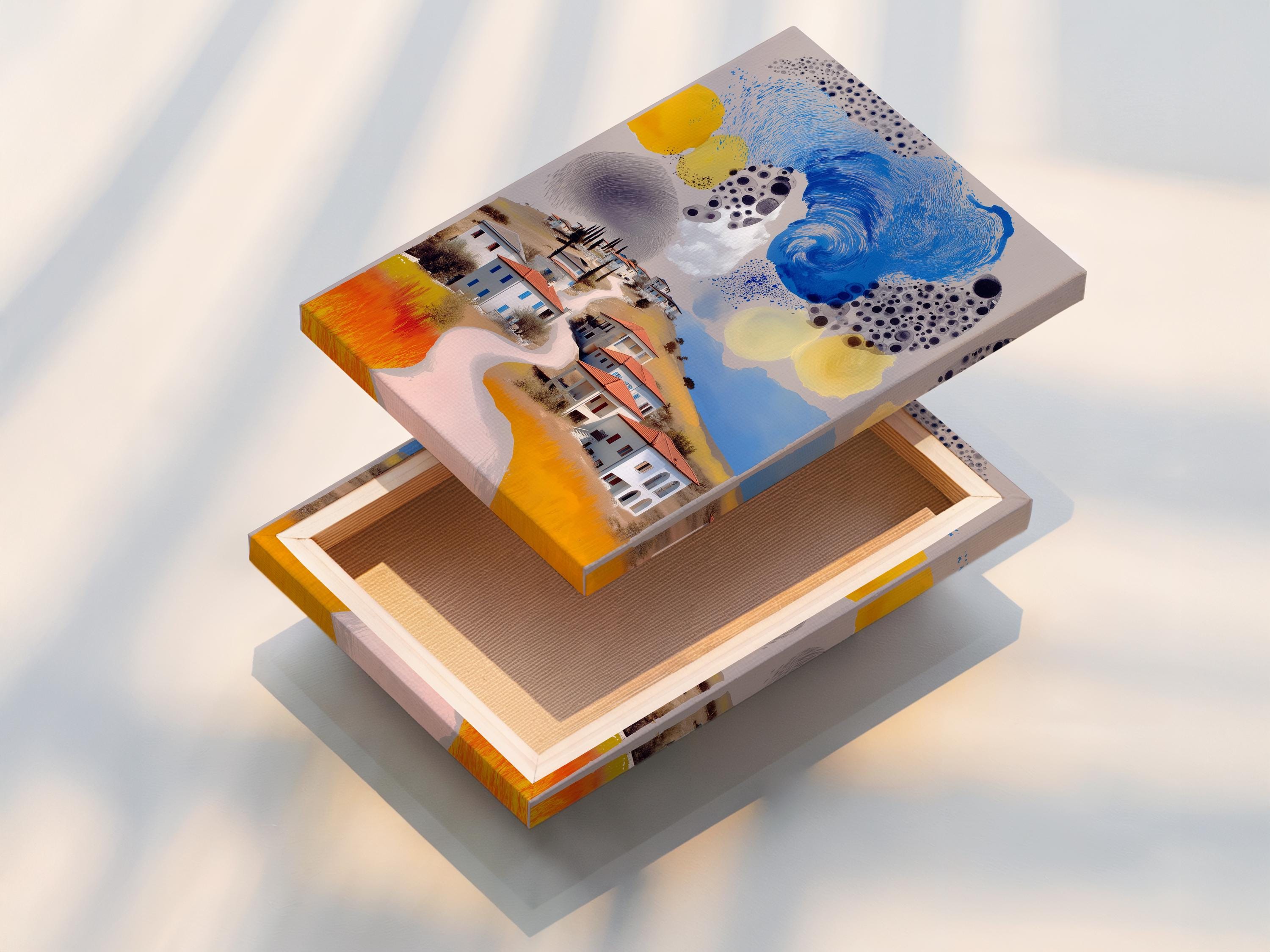 Room mockup featuring a framed stylised village landscape artwork with a swirling blue sky