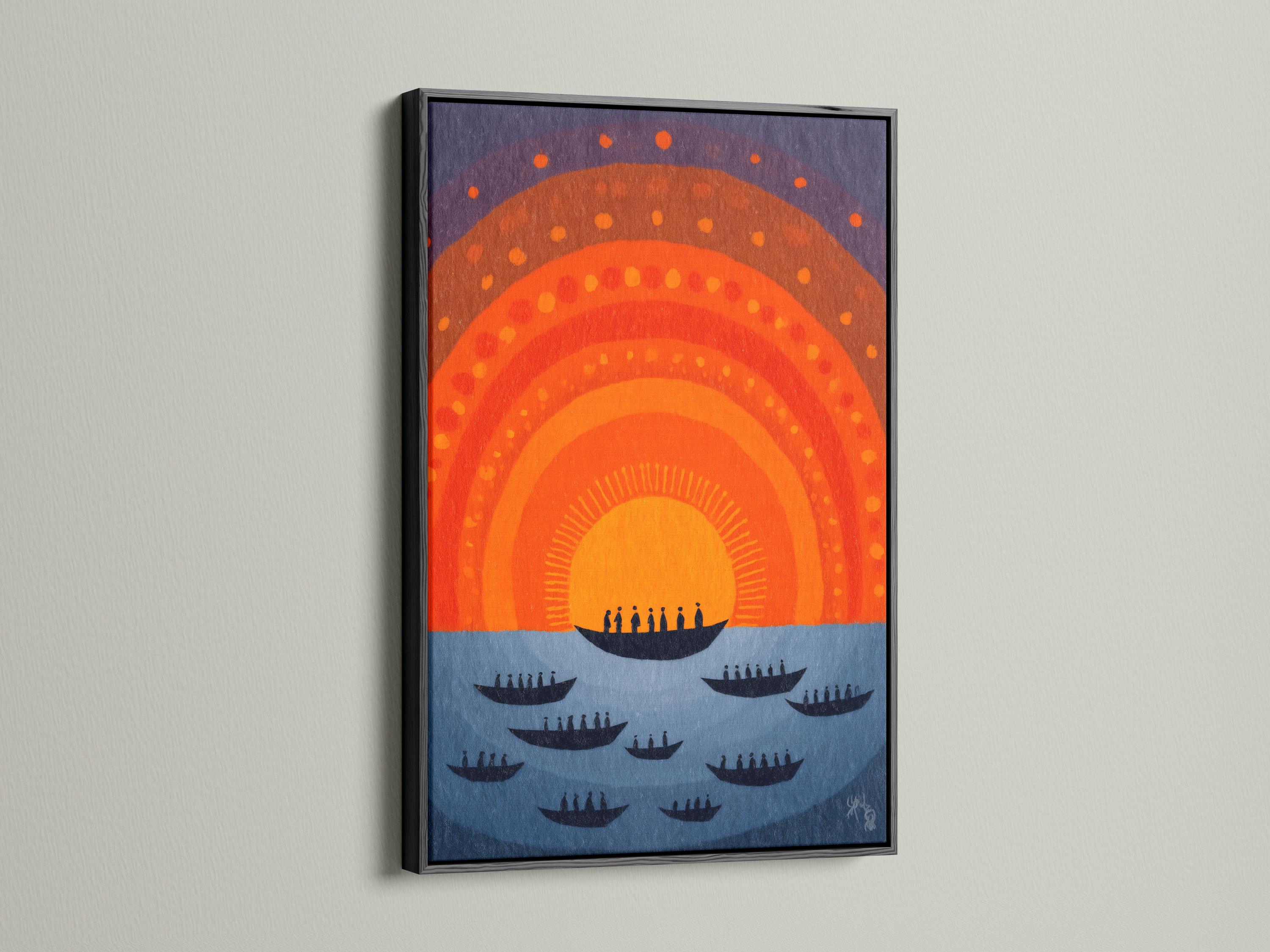 Abstract boats and sunset arcs in orange and navy with a purple dotted sky detail view