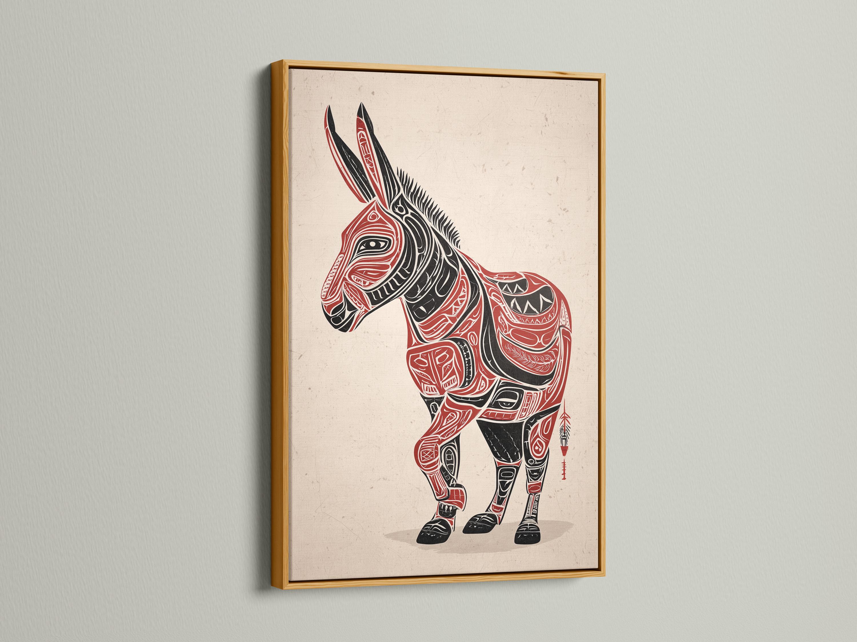 Stylised donkey illustration in black and red with patterned line details on an off-white textured background detail view