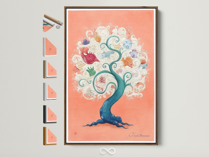 Peach fantasy coral tree with teal ocean waves and illustrated fish, shells and swirls