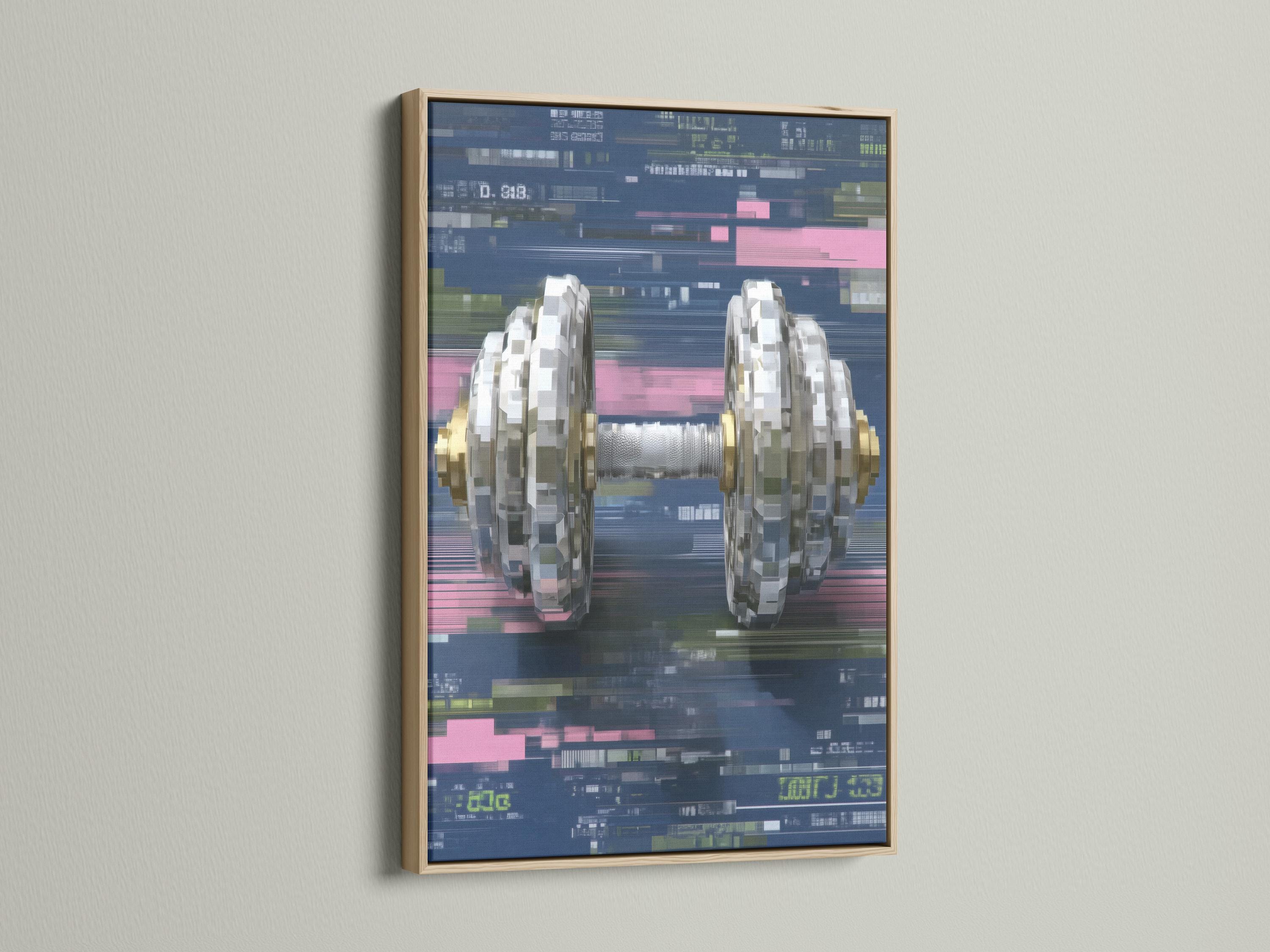 Room mockup showing framed glitch-style dumbbell artwork on a light wall