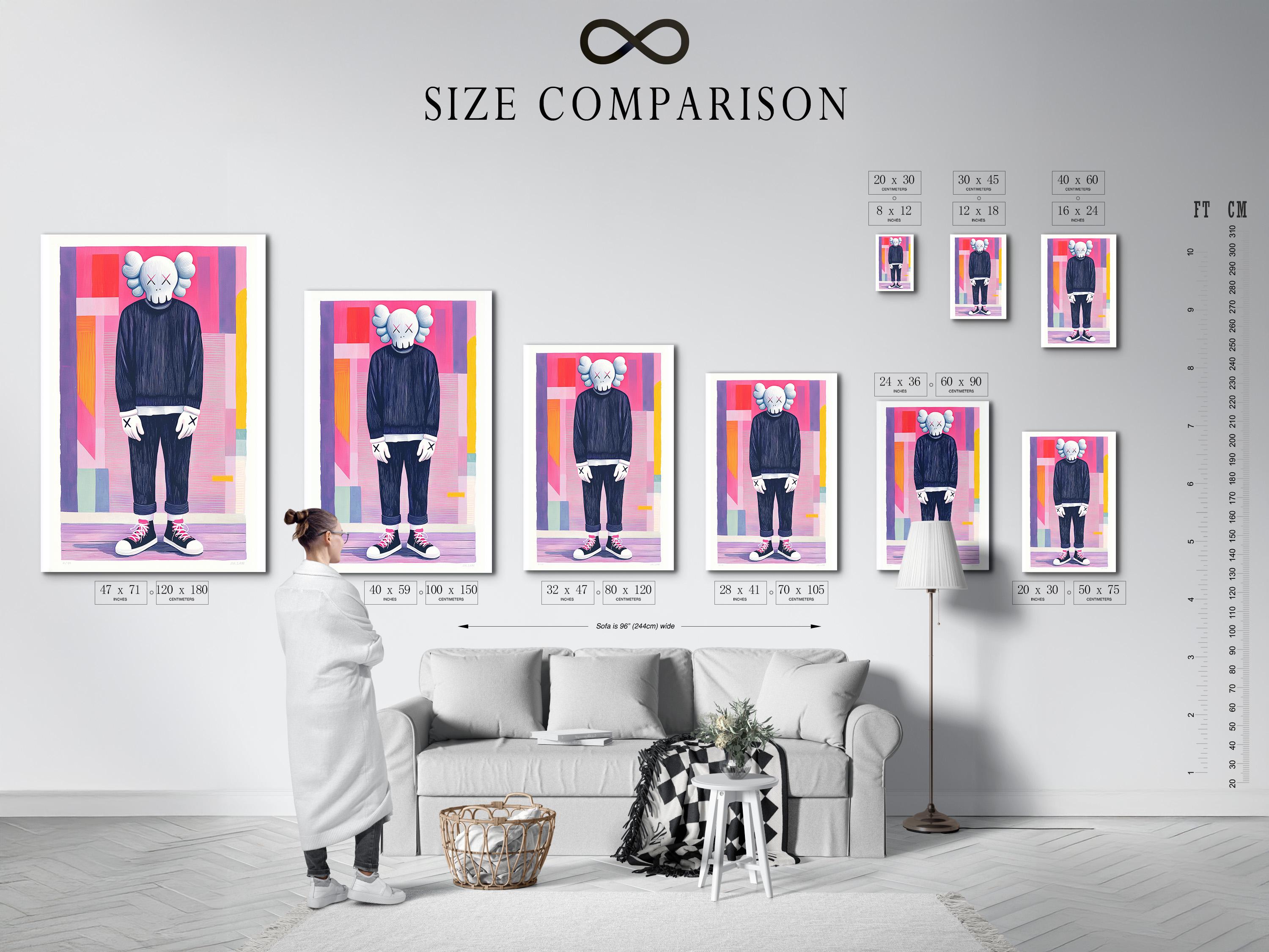 Room mockup showing a framed artwork with a pop-art figure and pink and purple geometric background