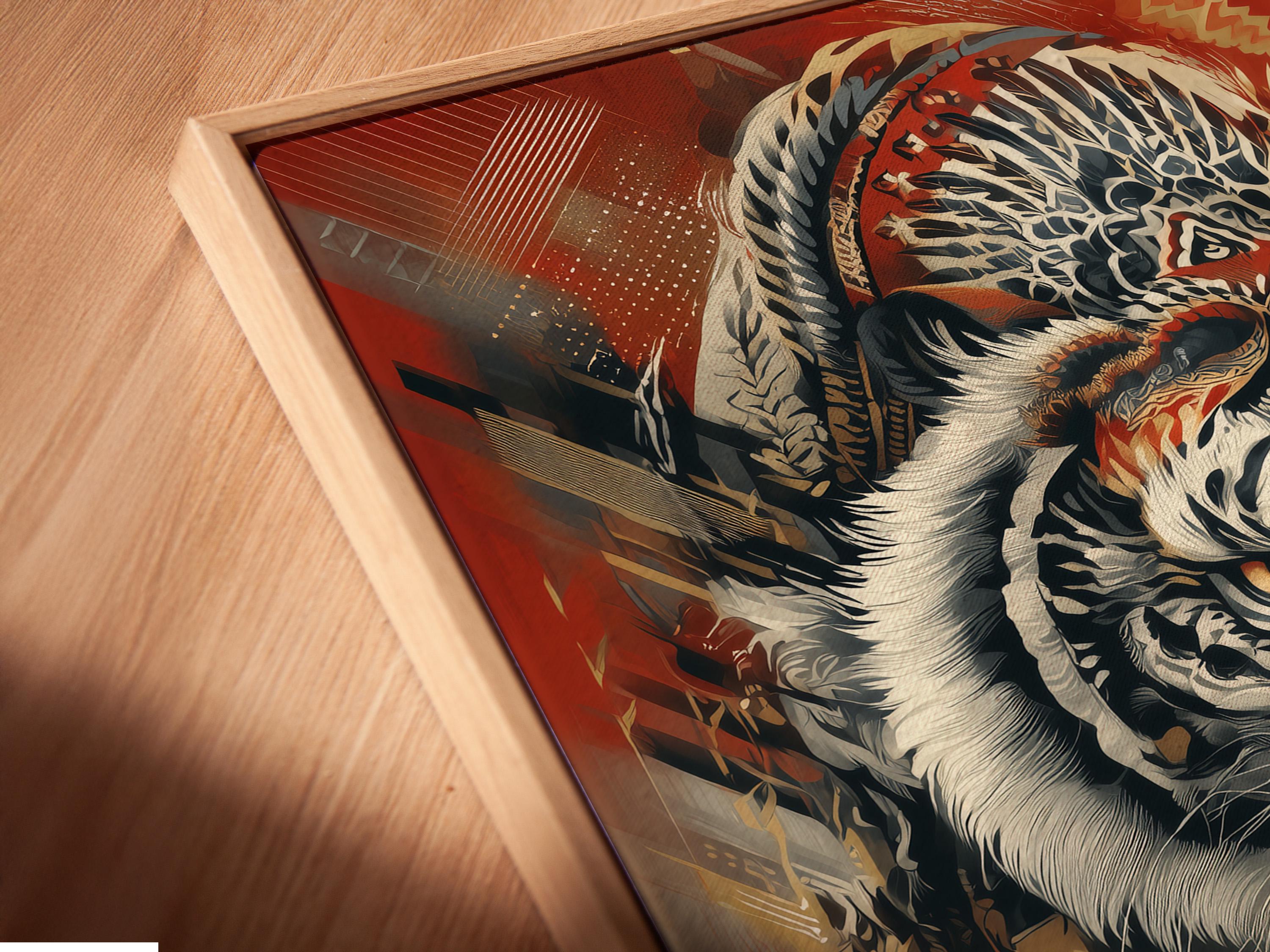 Roaring tiger wall artwork shown with wall mounting options and frame mockups on a light background