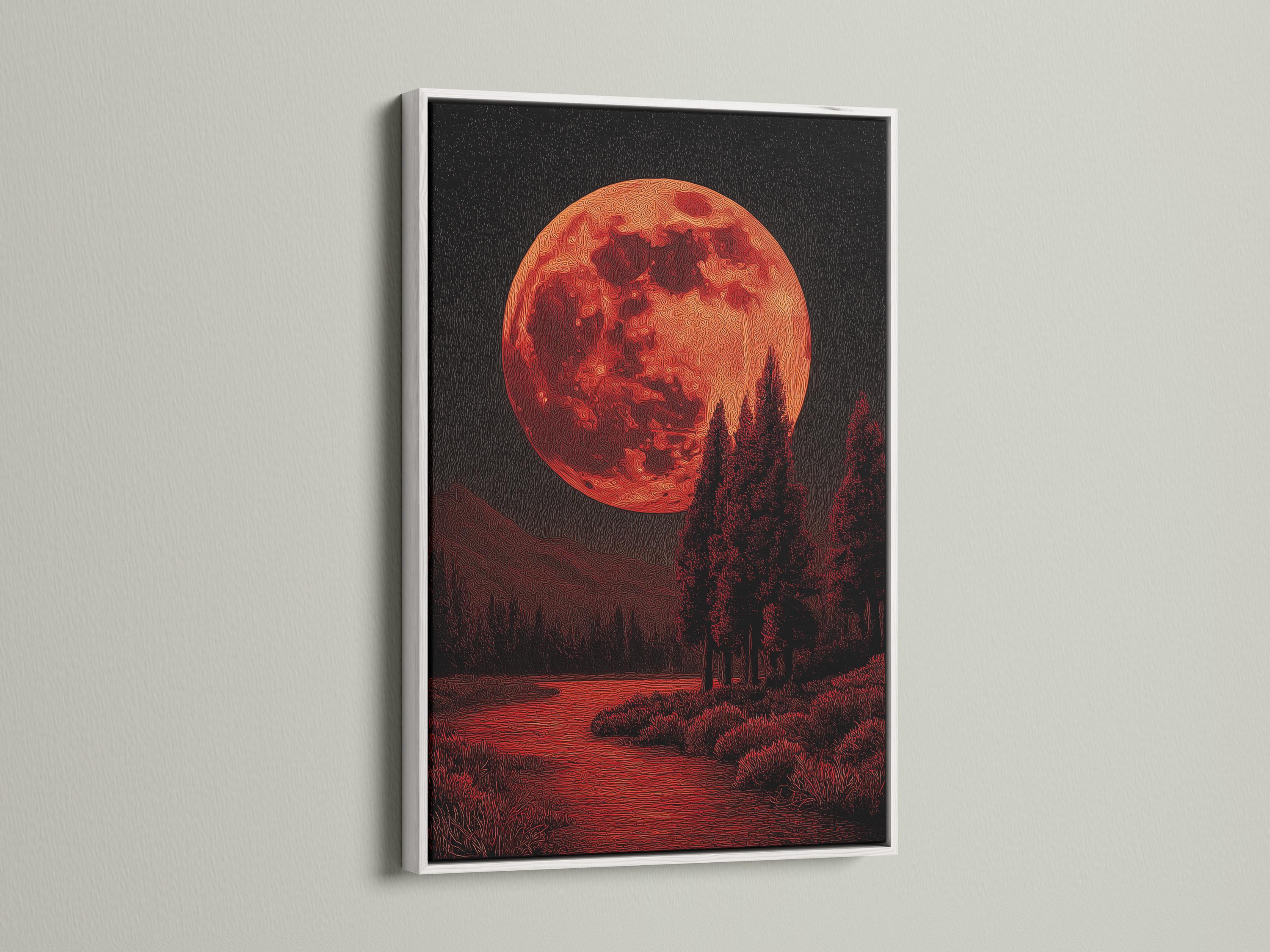 Red moon over a dark forest landscape with textured crimson and black details detail view
