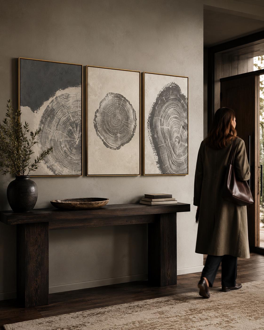 Three-panel abstract tree-ring circles in grey linework on neutral backgrounds detail view