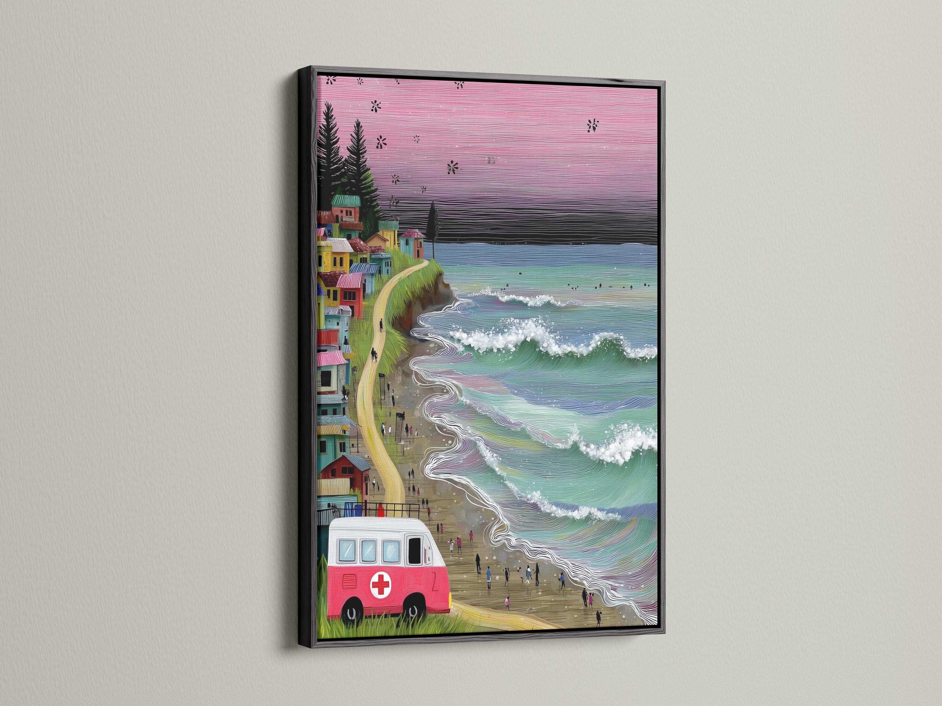 Retro beach village artwork with a pink sunset sky, ocean waves, and a red-and-white van detail view