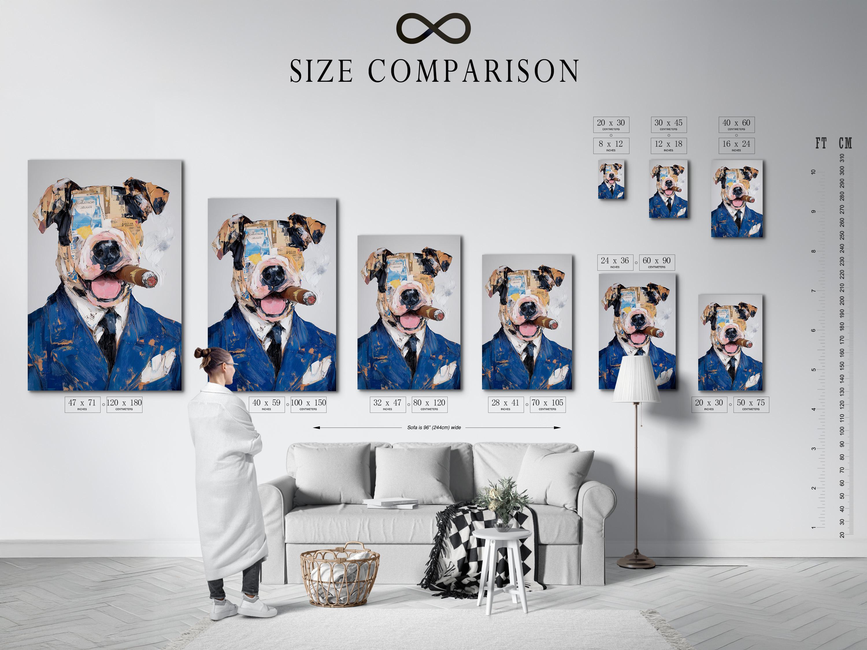 Stylised dog portrait in a blue suit with painterly collage-like texture detail view