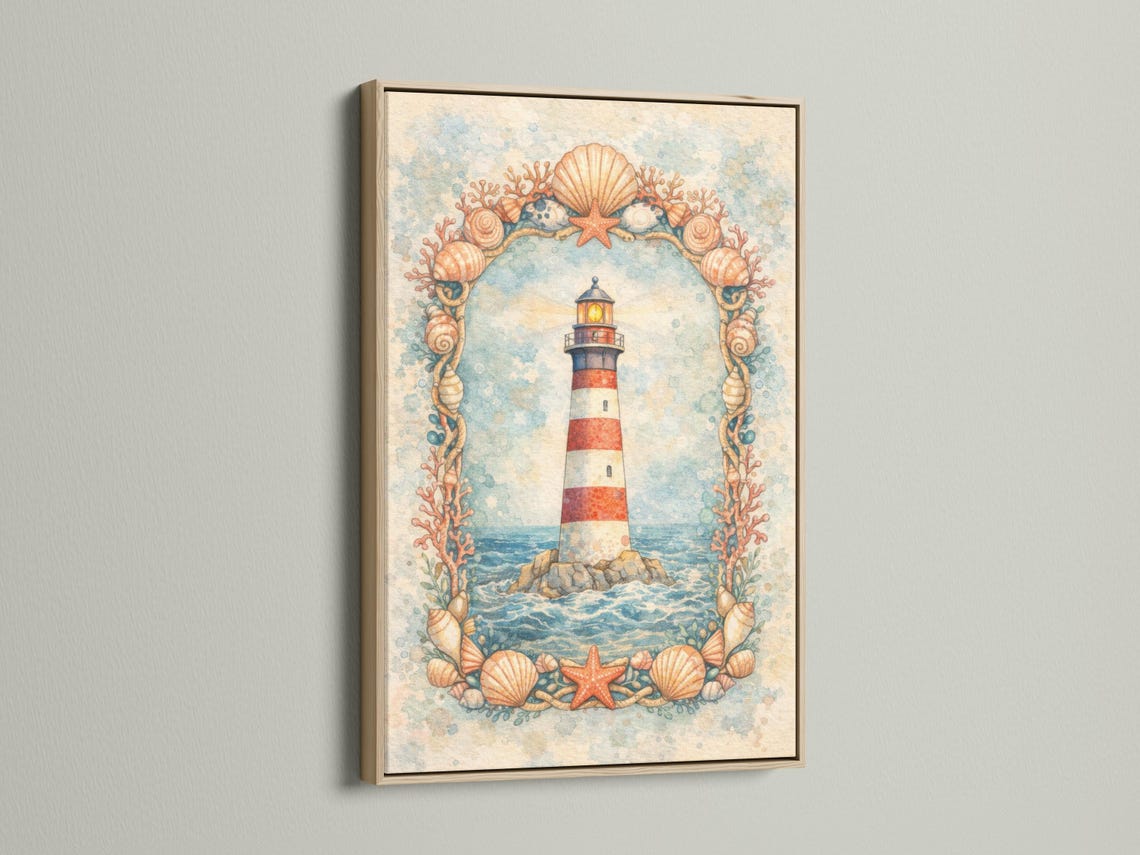 Coastal lighthouse illustration with seashells, starfish and coral-like branches framing the scene detail view