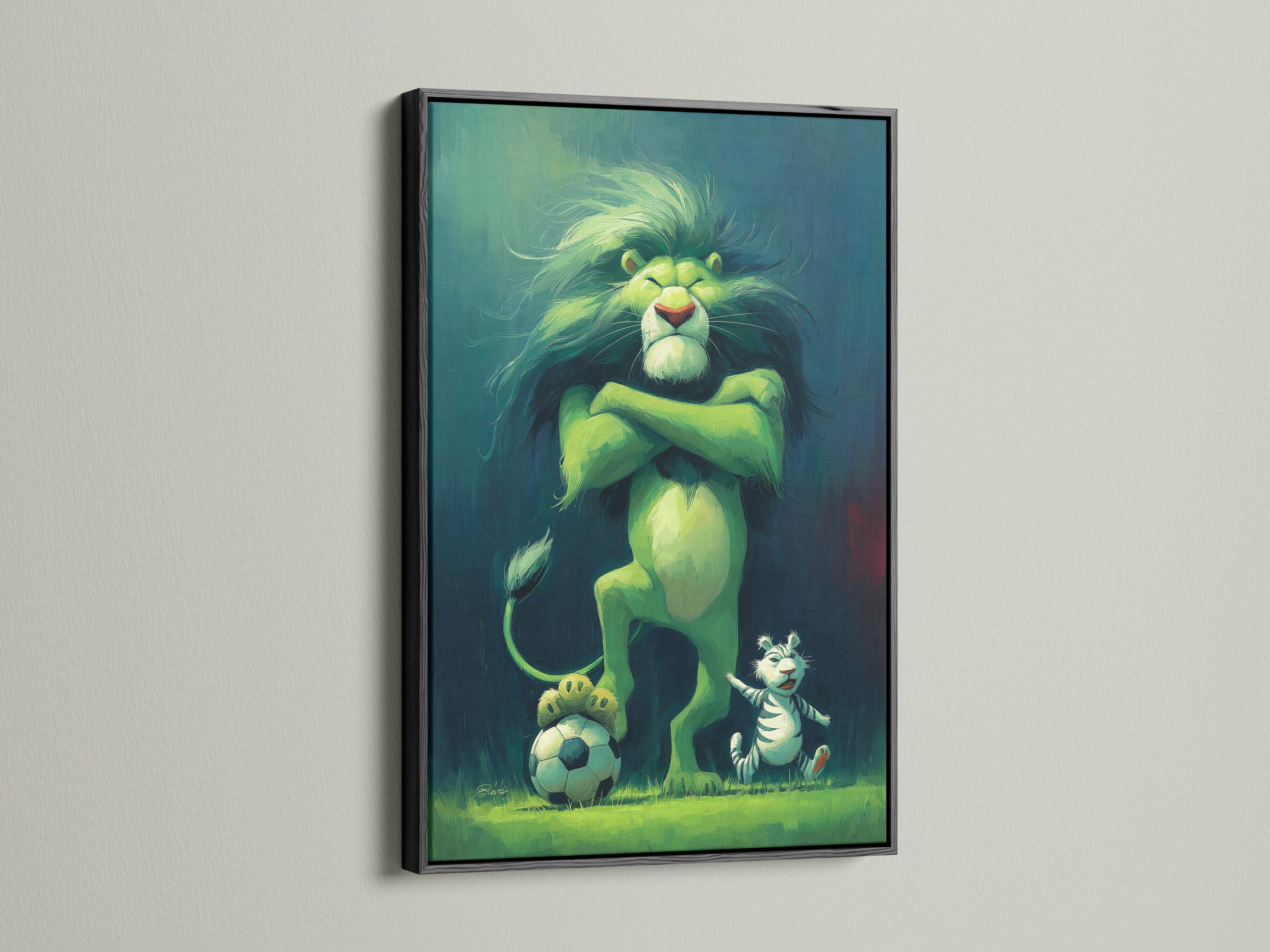 A cartoon-style green lion figure with a raised paw faces forward, with a smaller striped tiger and a soccer ball below on a blue-green background