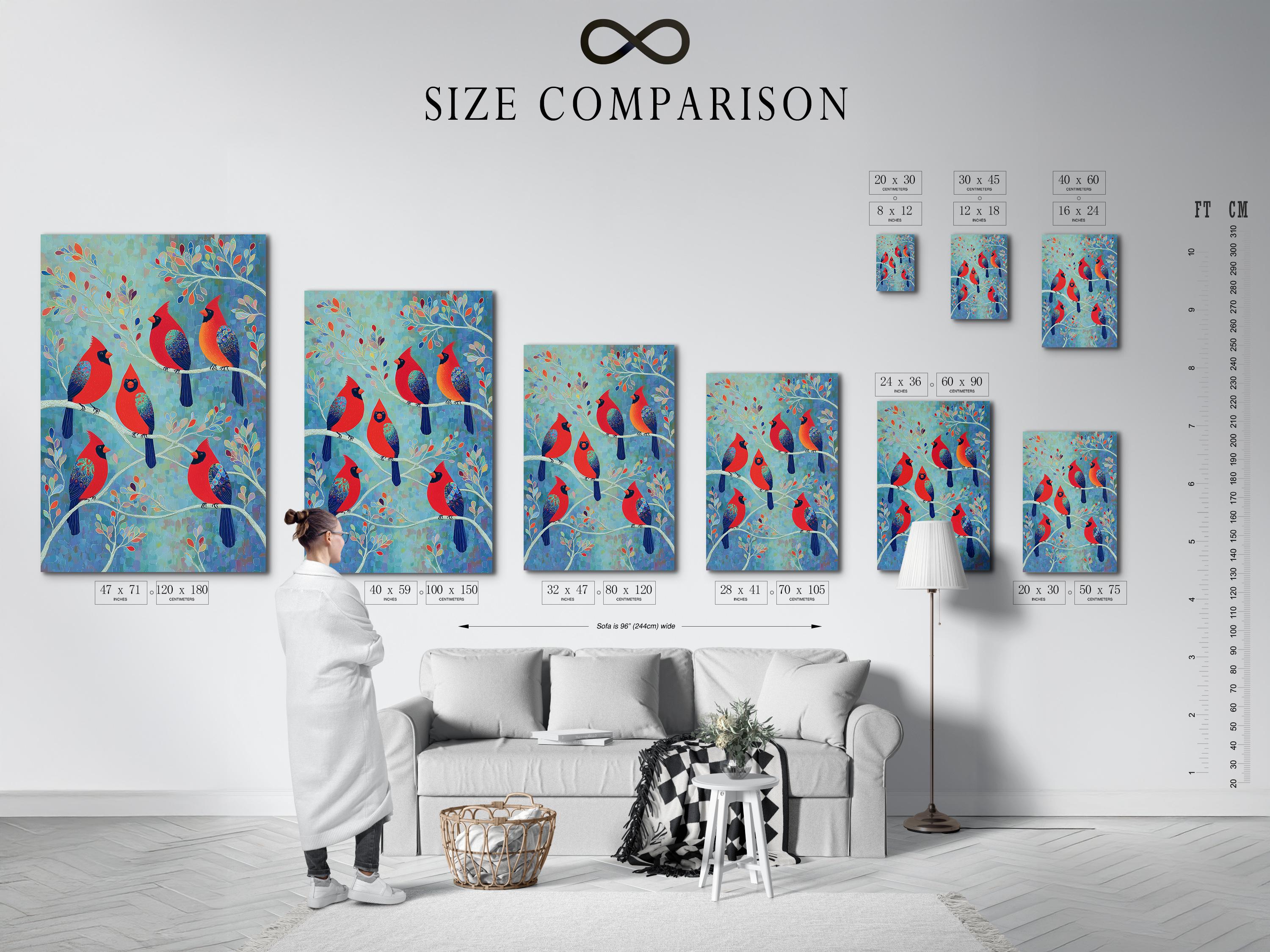 Portrait wildlife artwork with red cardinals perched on branches against a teal blue background detail view