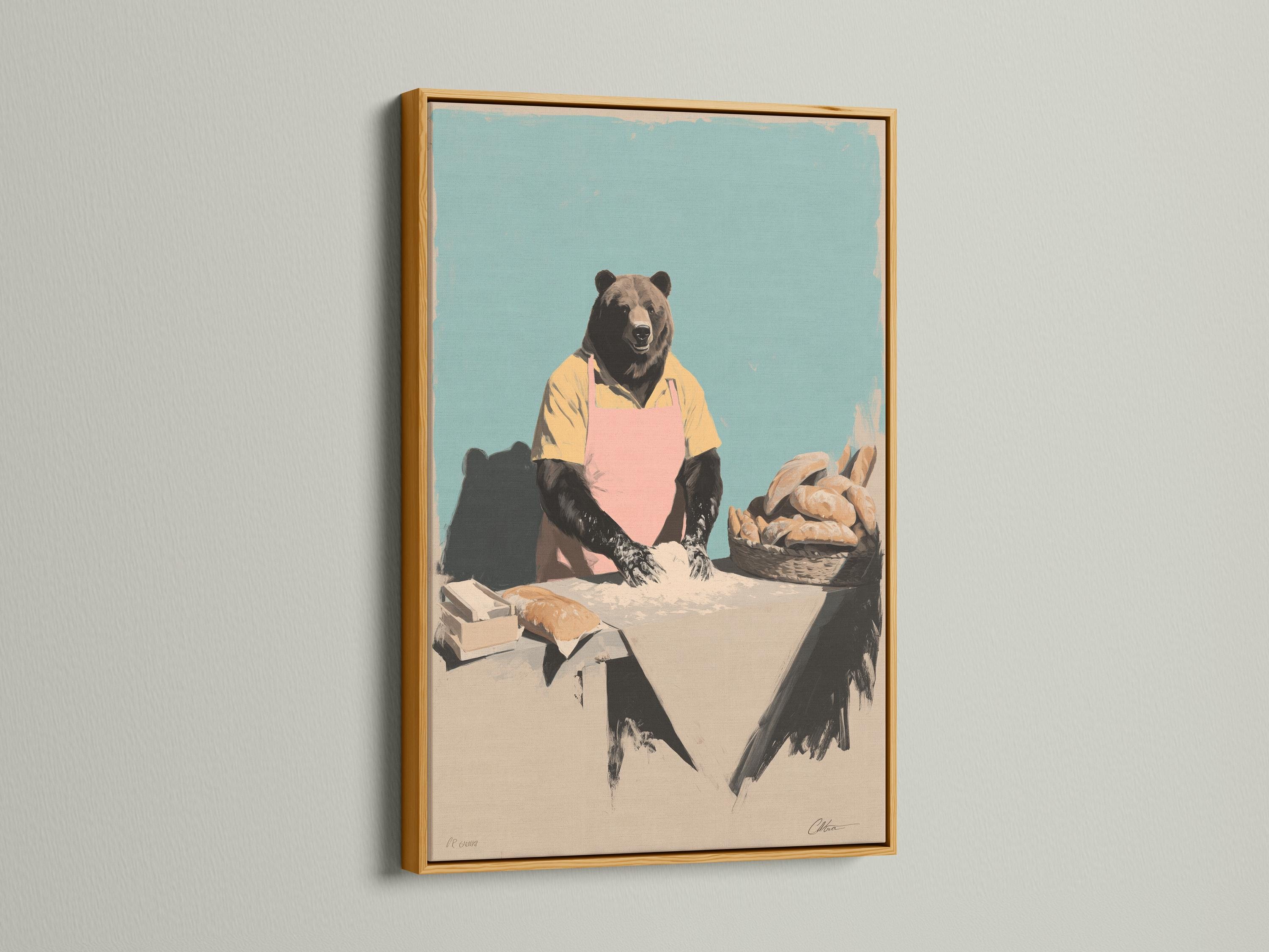 Bear chef illustration wearing a pink apron behind a counter with bread on a teal background detail view
