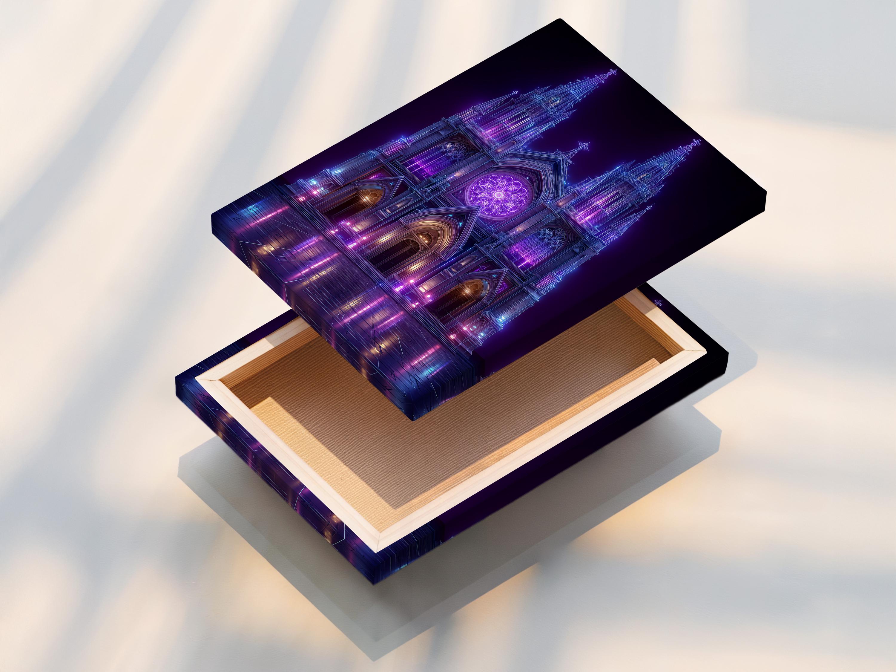 Neon purple and blue gothic cathedral façade with glowing rosette window and reflections detail view