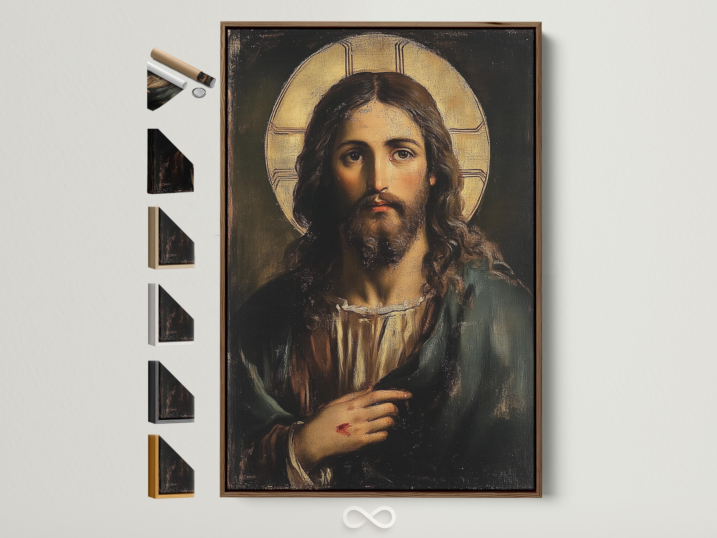 Jesus portrait with long dark hair and a glowing gold halo detail view