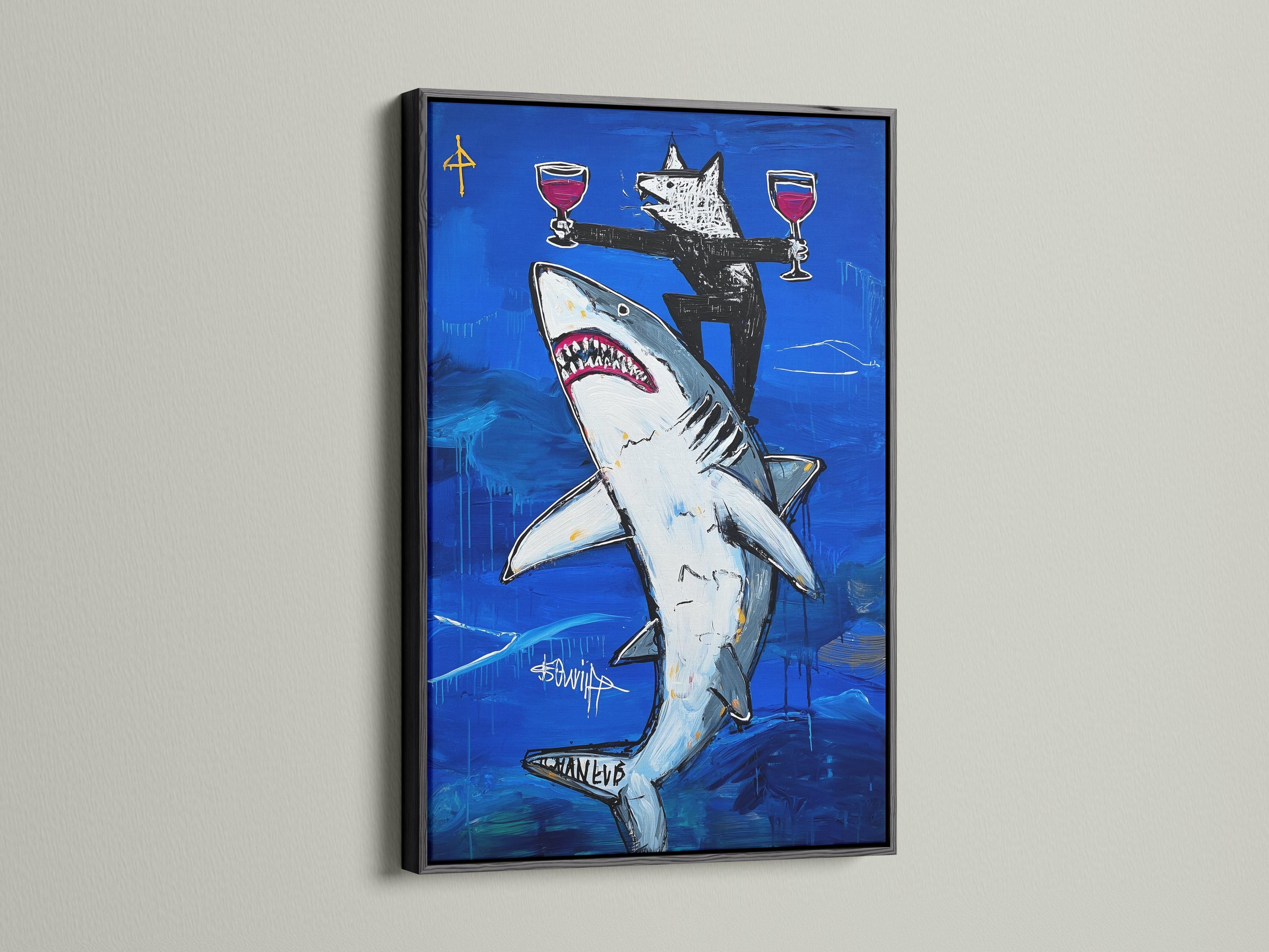 Stylised shark swimming in deep blue ocean with a wolf and trophy goblets detail view