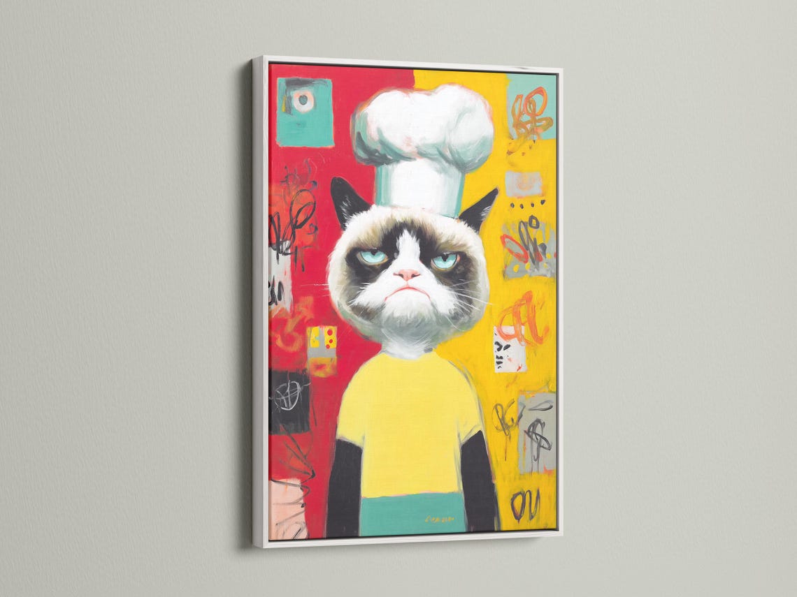 Pop art style grumpy cat wearing a yellow chef outfit with blue-green eyes detail view