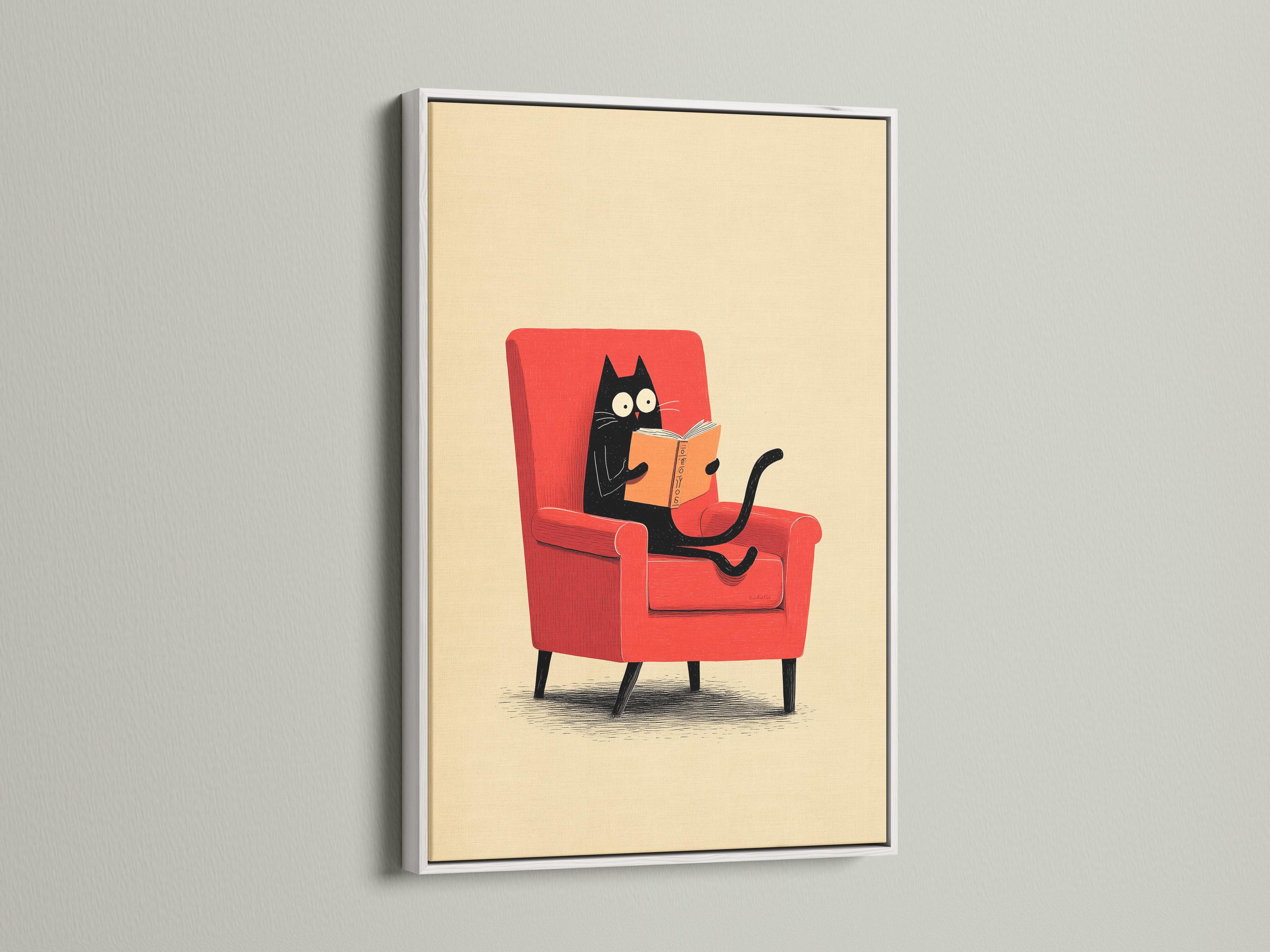 Illustrated black cat reading an orange book while seated in a red armchair detail view