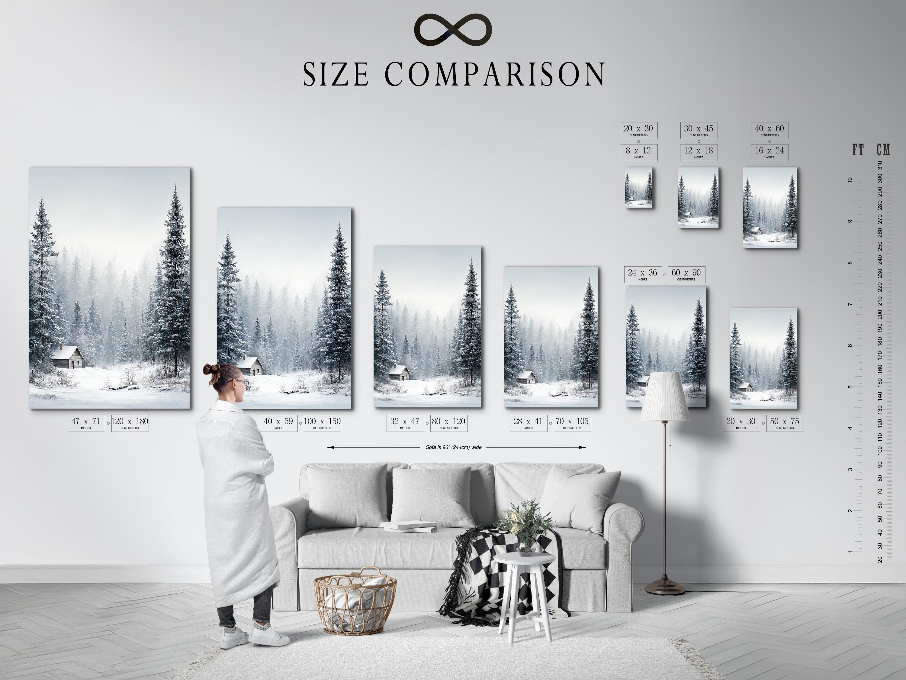 Snowy winter forest scene with pine trees, mist, and a small cabin detail view