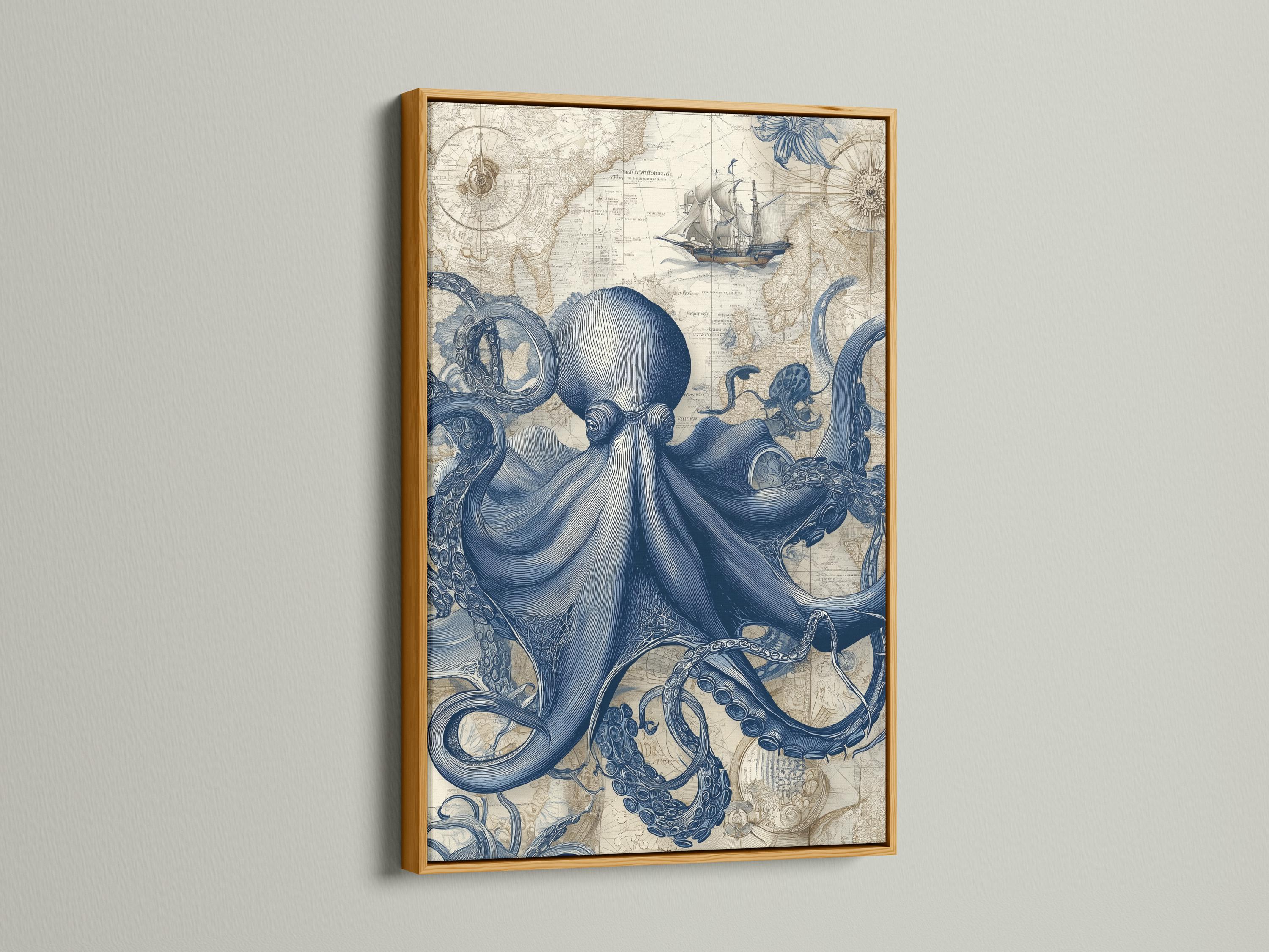 Blue octopus illustration over a vintage map background with a small sailboat detail view
