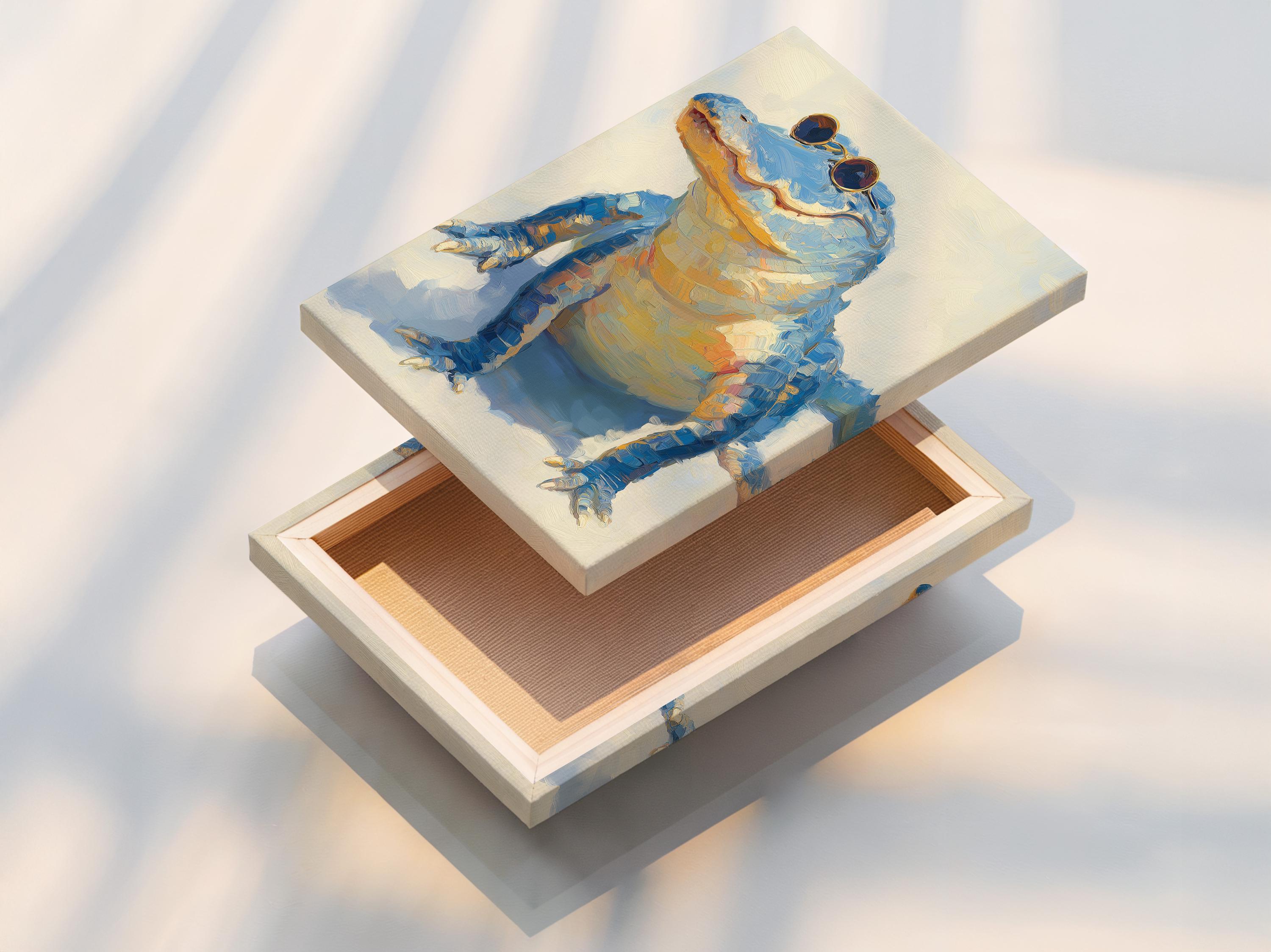 A stylised blue alligator figure wearing round sunglasses on a pale background detail view