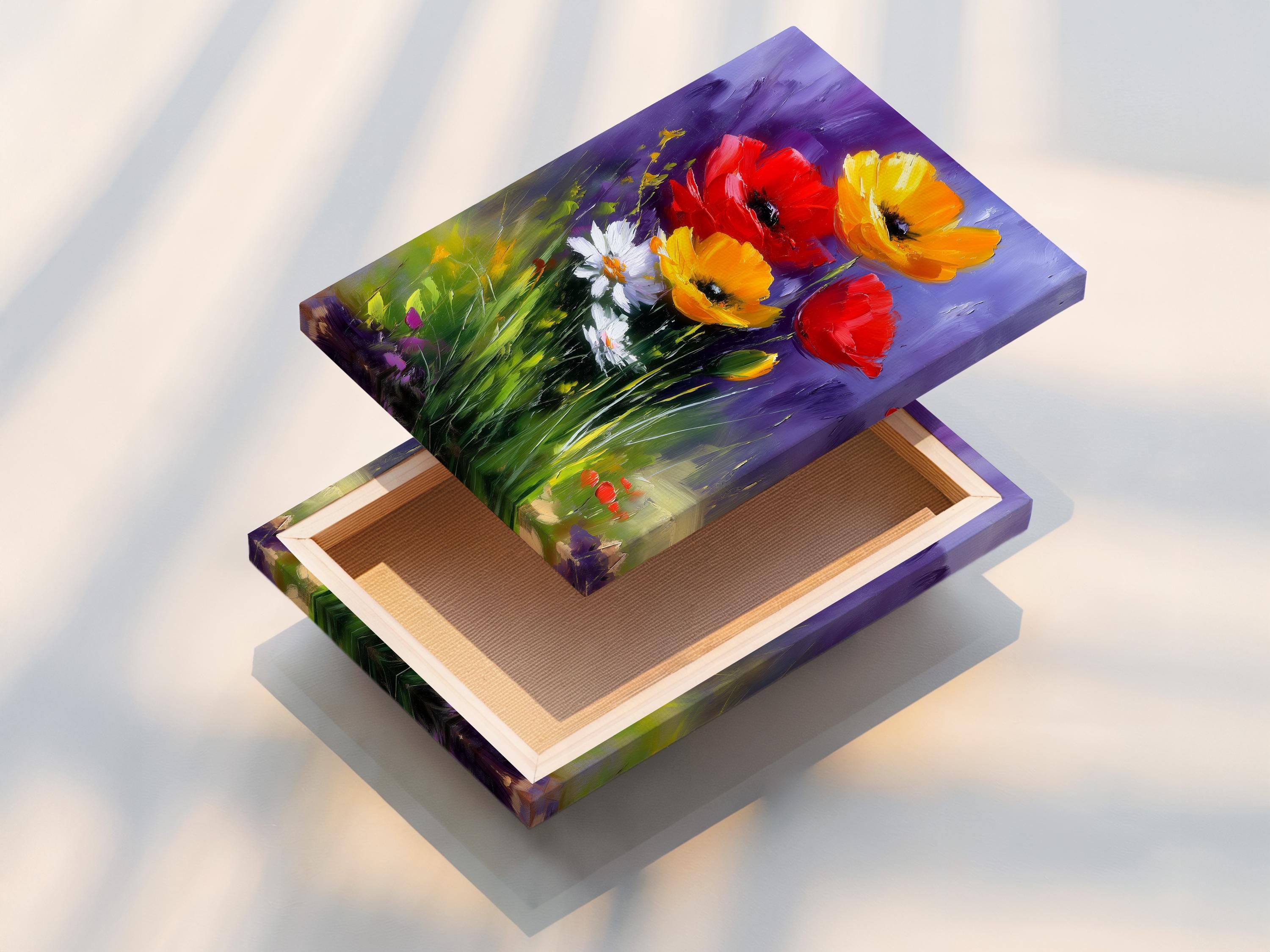 A painterly floral scene shows bold red and yellow poppy-like flowers rising from green stems against a purple background detail view