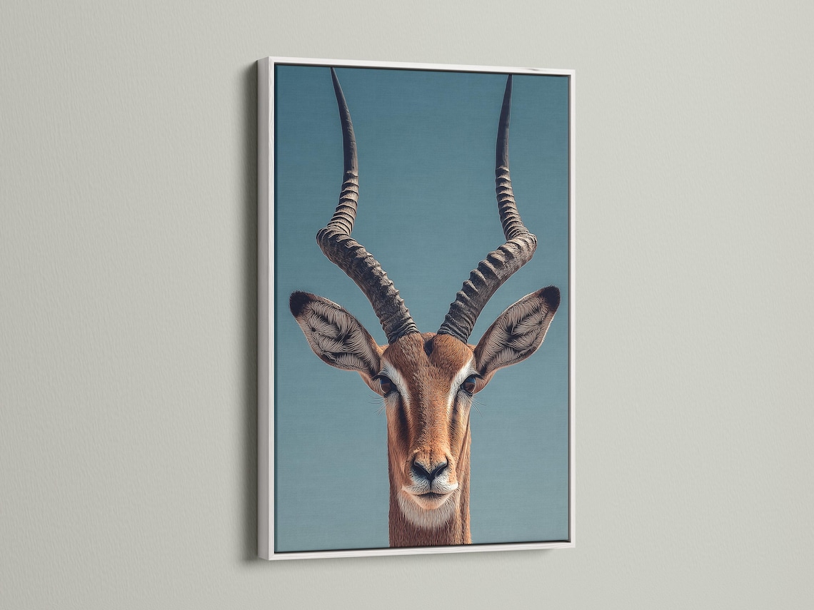 Antelope portrait illustration with long curved horns on a teal background detail view