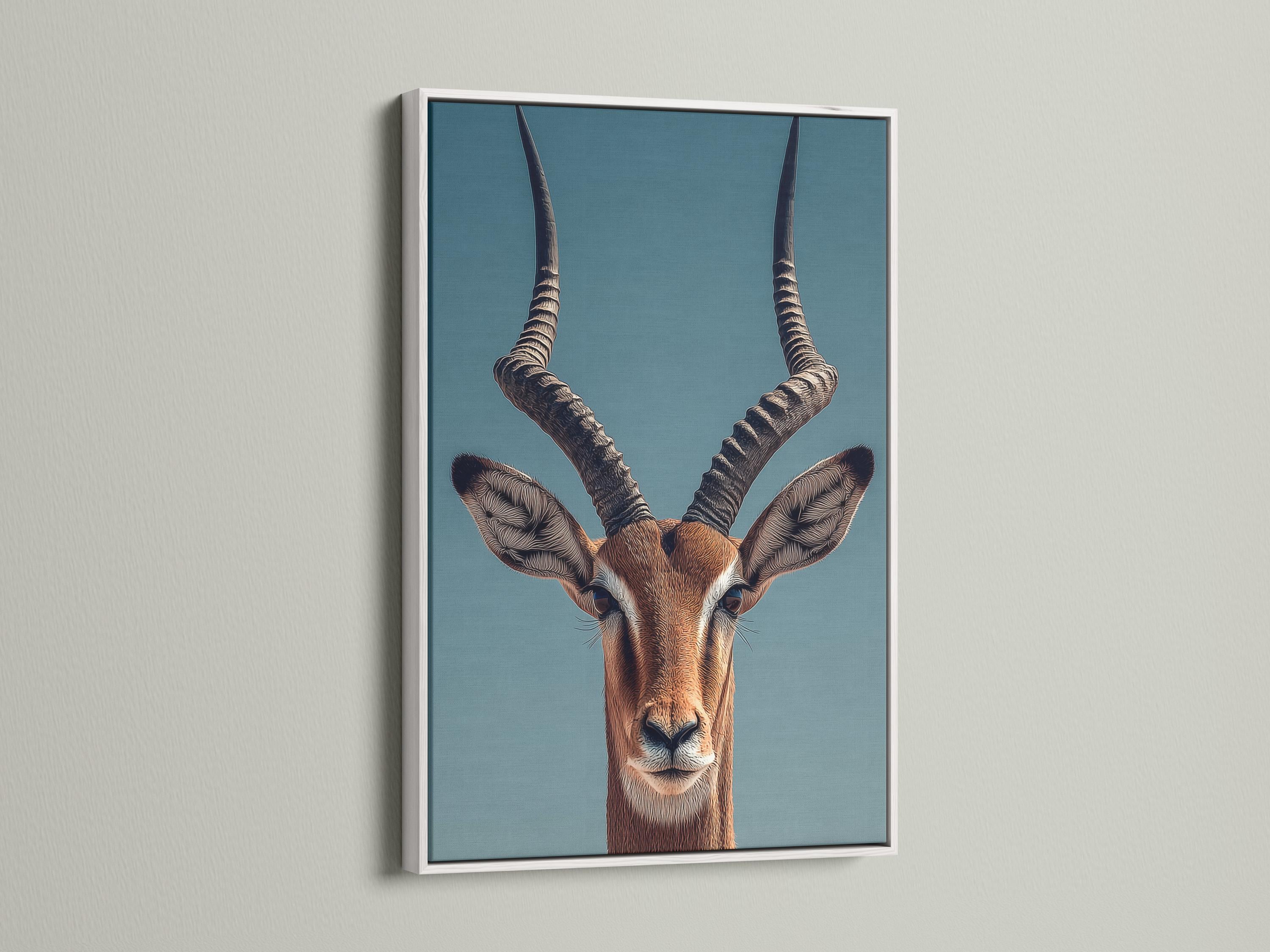 Antelope portrait illustration with long curved horns on a teal background detail view