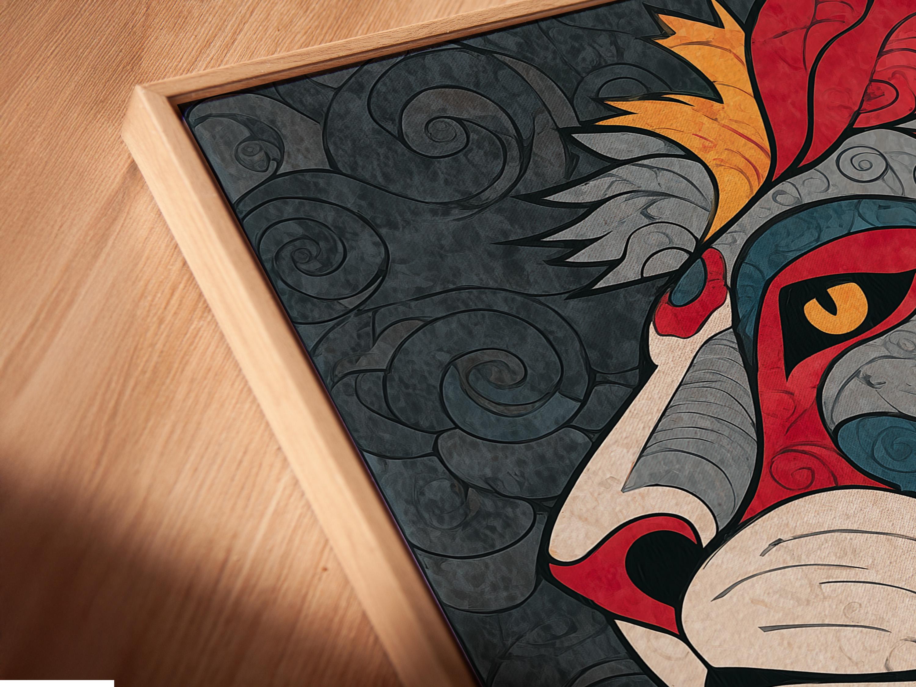 A stylised lion in bold reds, greys, and golds rests across a swirling patterned background with curled tail and mane shapes detail view