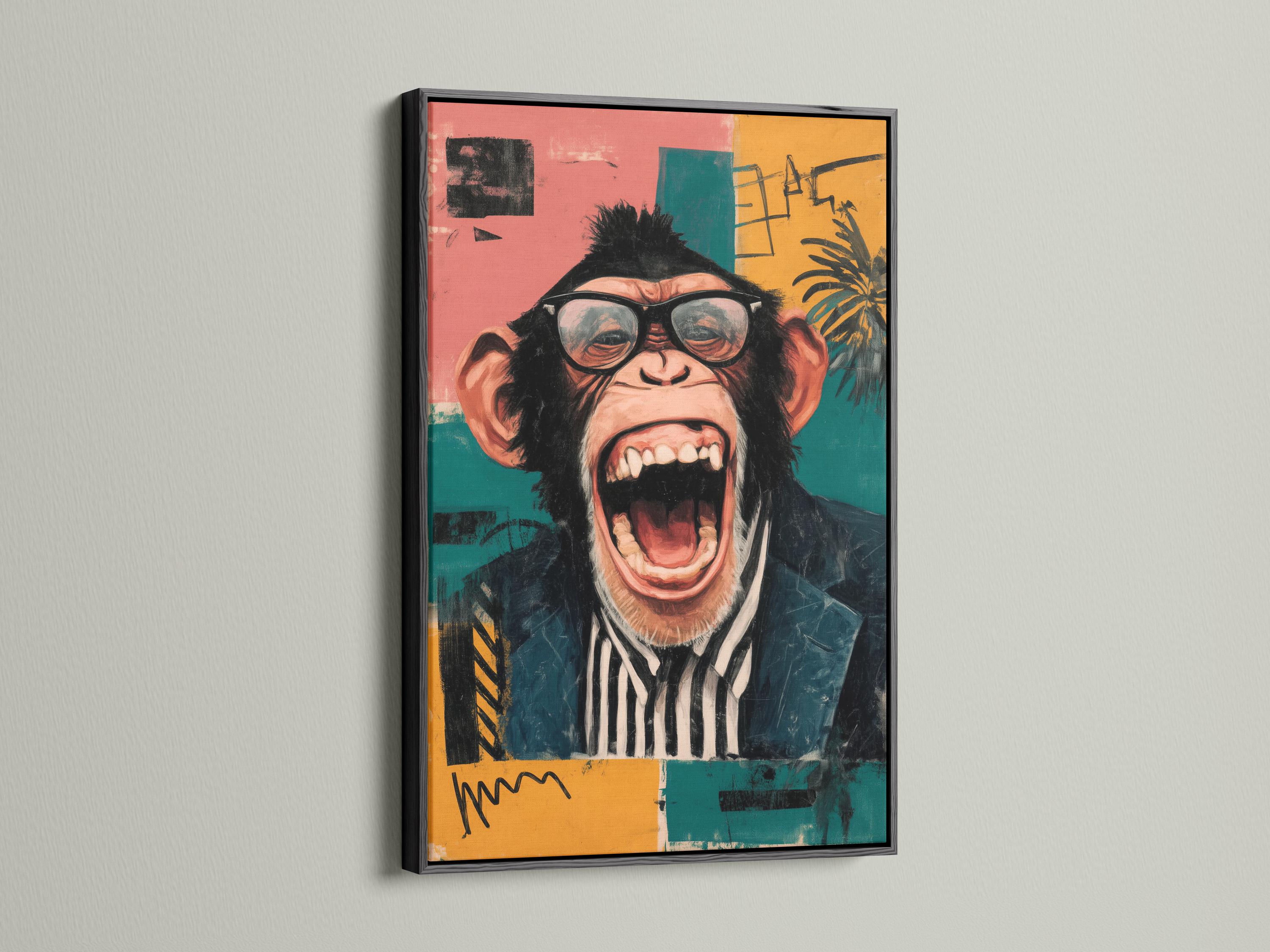 Retro chimp portrait with round glasses, shouting, set against teal and pink colour blocks detail view