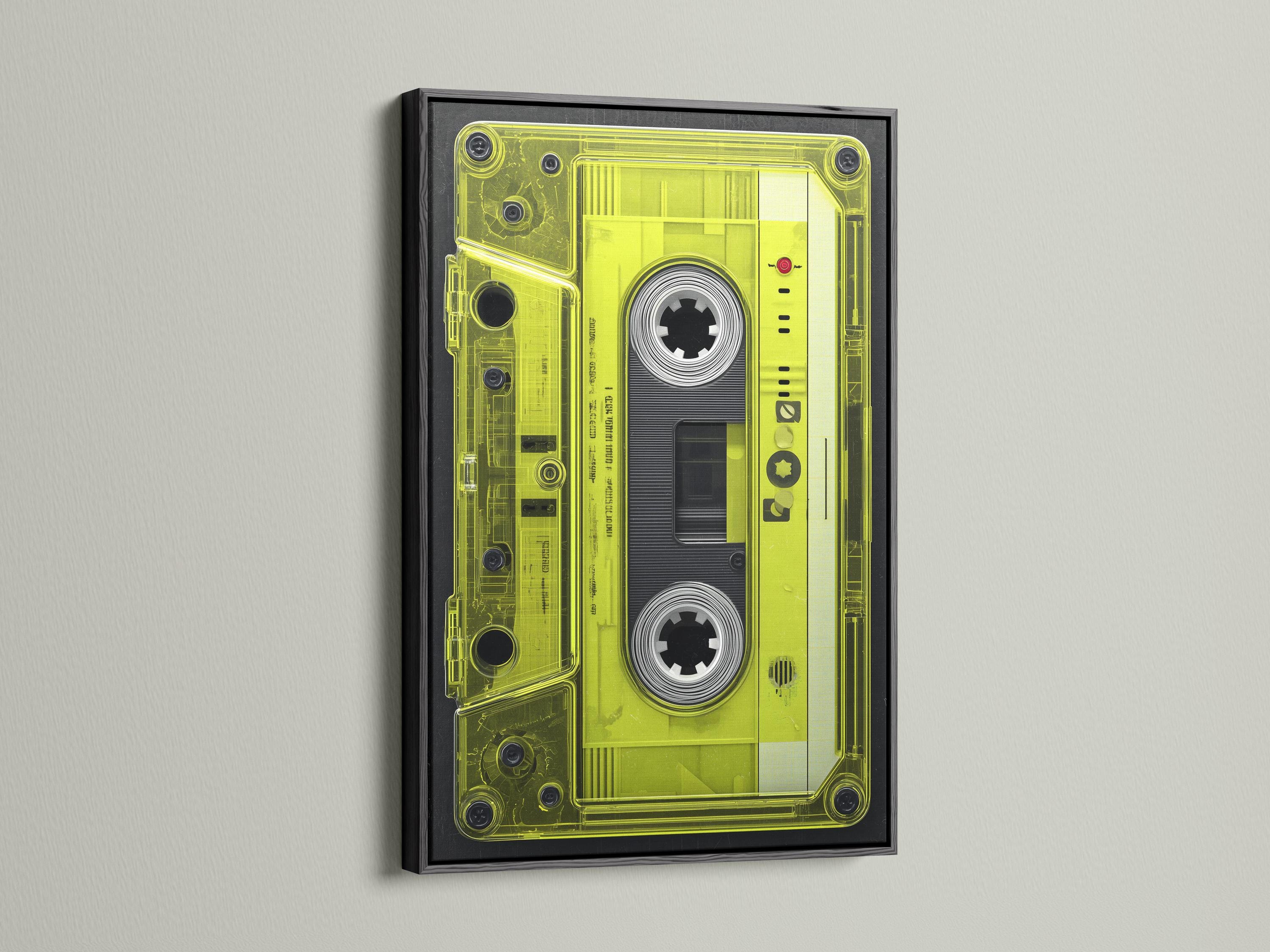 Neon lime cassette tape graphic framed in black with spool circles and a red dot detail detail view