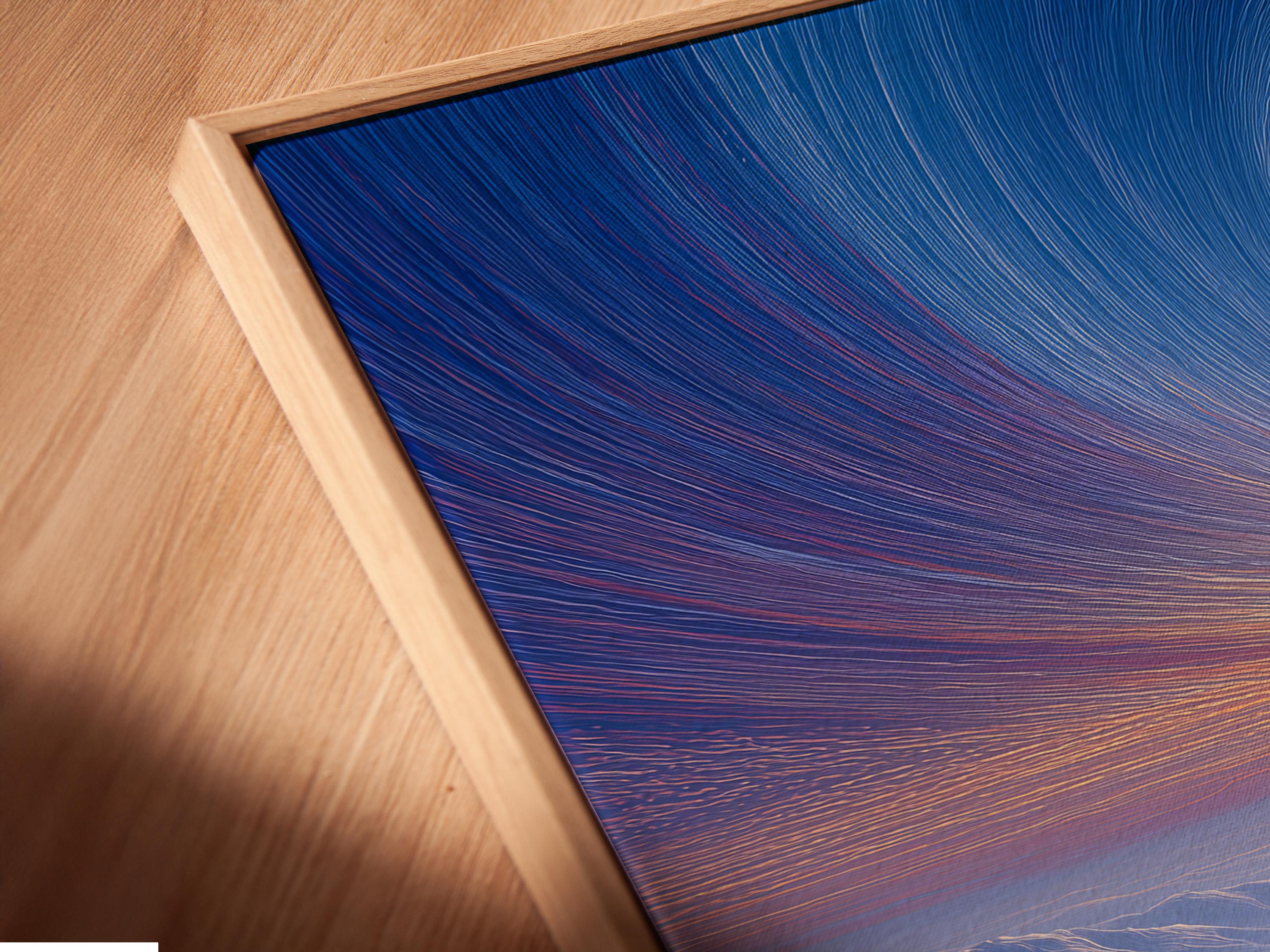 Room mockup showing a framed winter sky mountain landscape artwork on a wall