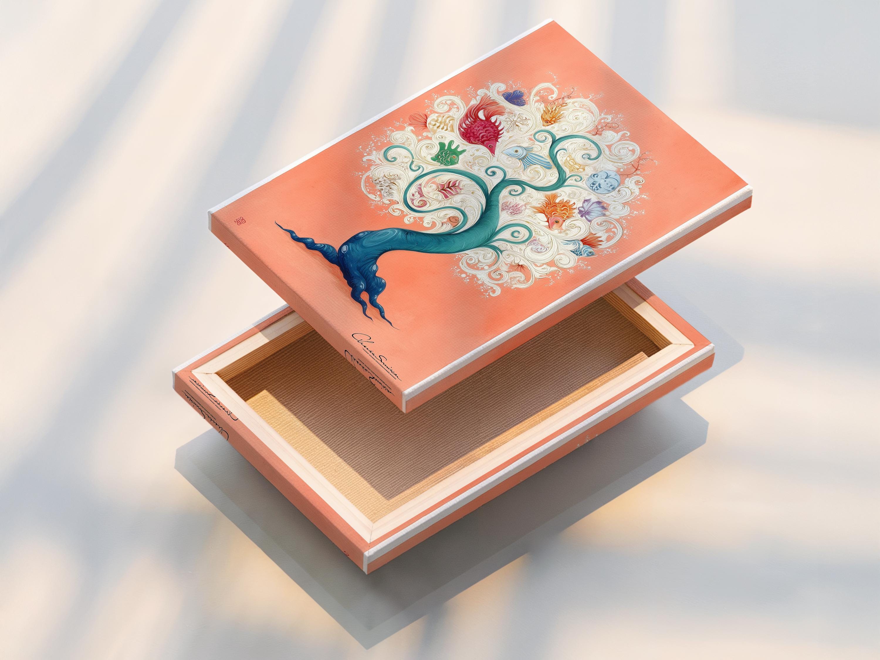 Peach fantasy coral tree with teal ocean waves and illustrated fish, shells and swirls detail view