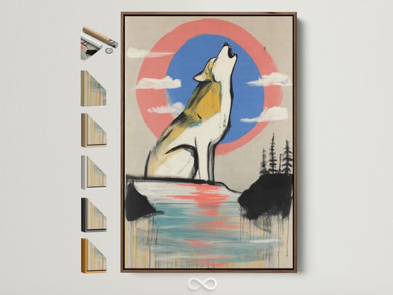 Stylised howling wolf in white and yellow with coral and blue sky circle and reflective lake