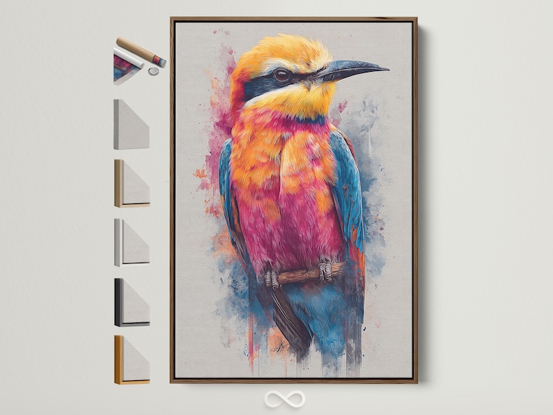 Colourful stylised bird in orange, pink and turquoise with splatter washes on a light background