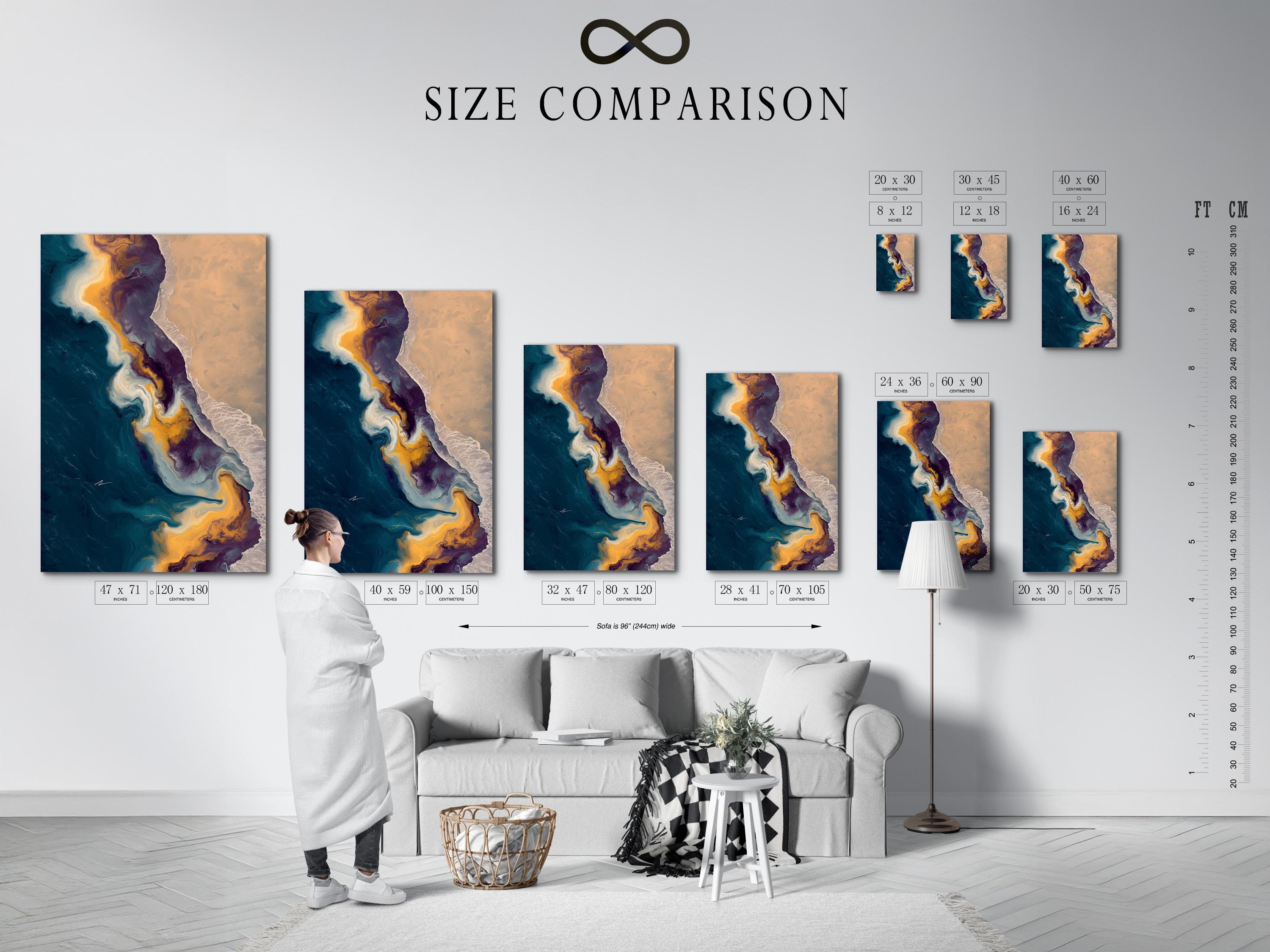 Room mockup showing an abstract seascape artwork with teal, gold and beige tones