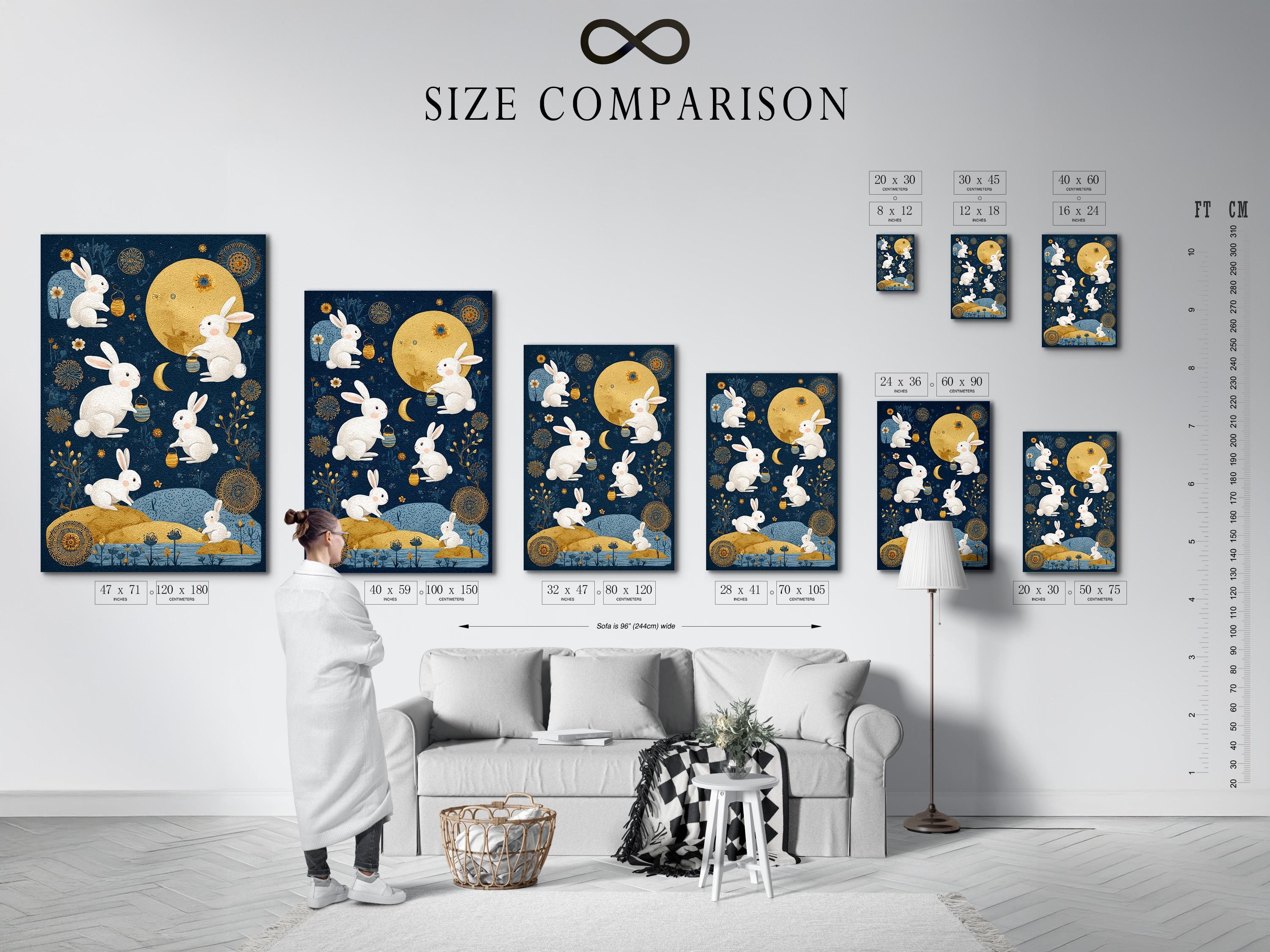 Celestial illustration of white rabbits around a gold moon on a midnight blue background detail view