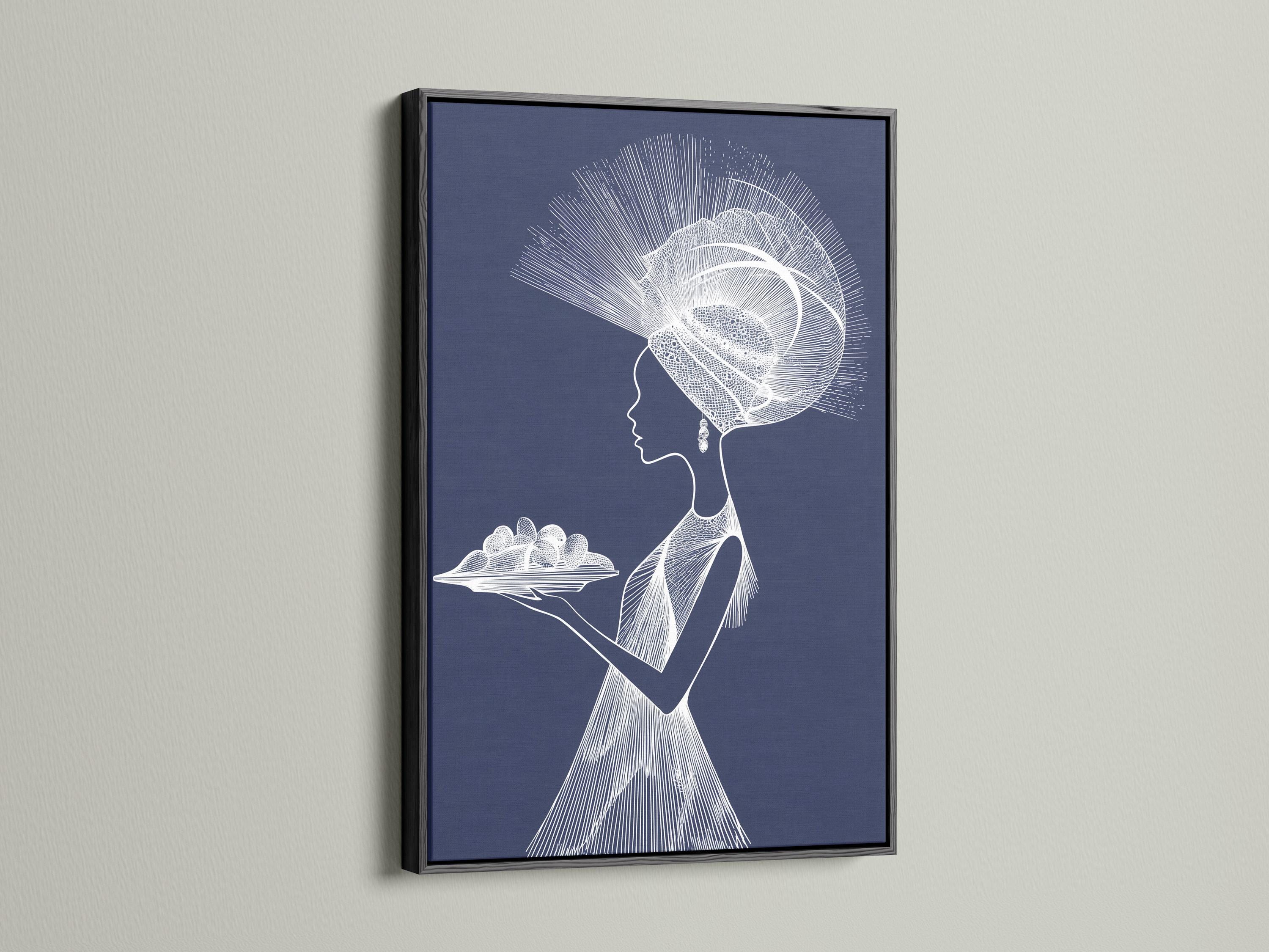 Minimalist white line portrait of a woman in profile on a navy blue background with radiating halo strokes detail view