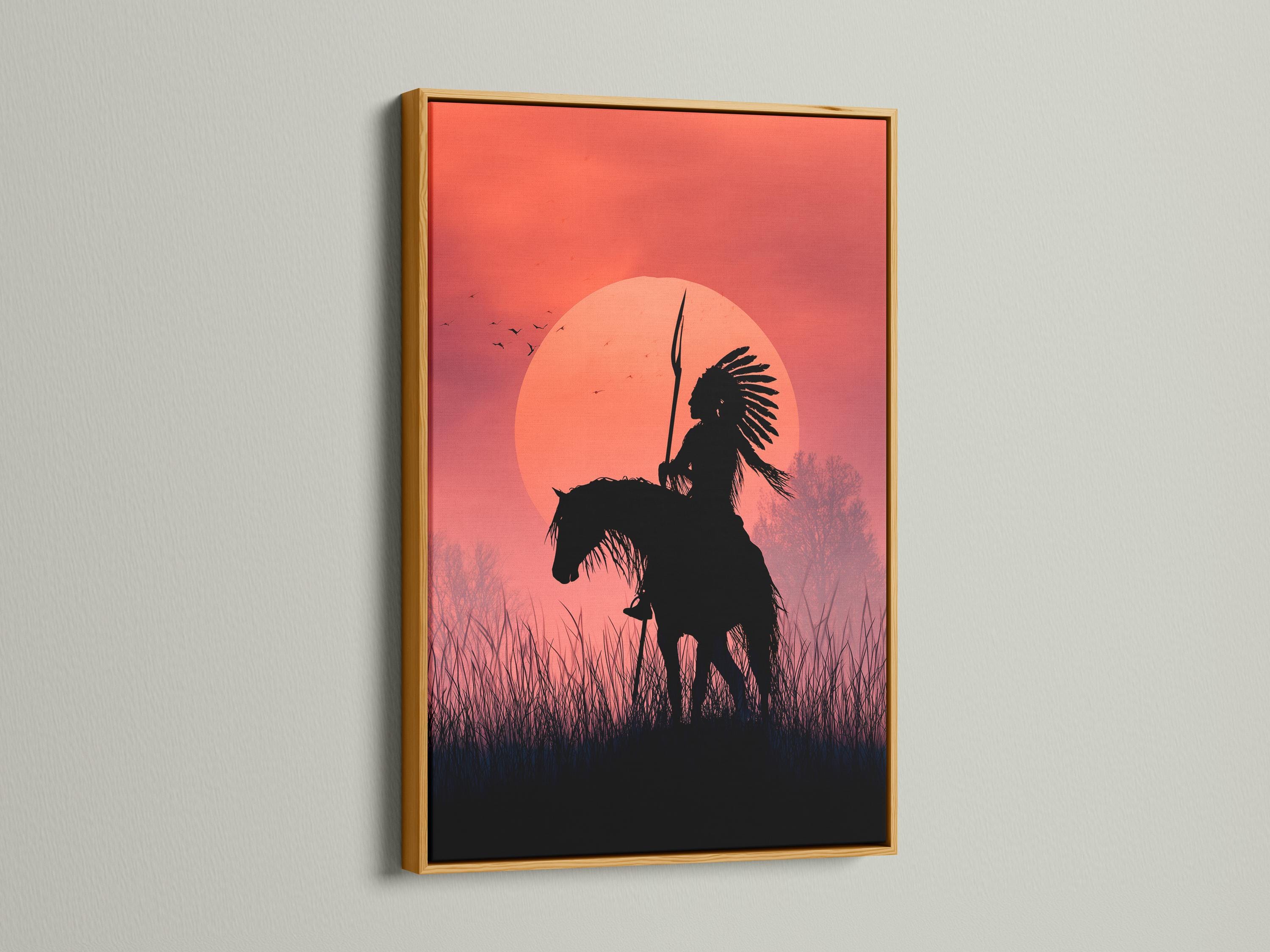 Red sunset circle with a dark horse rider silhouette holding a spear, birds in flight and silhouetted grasses detail view