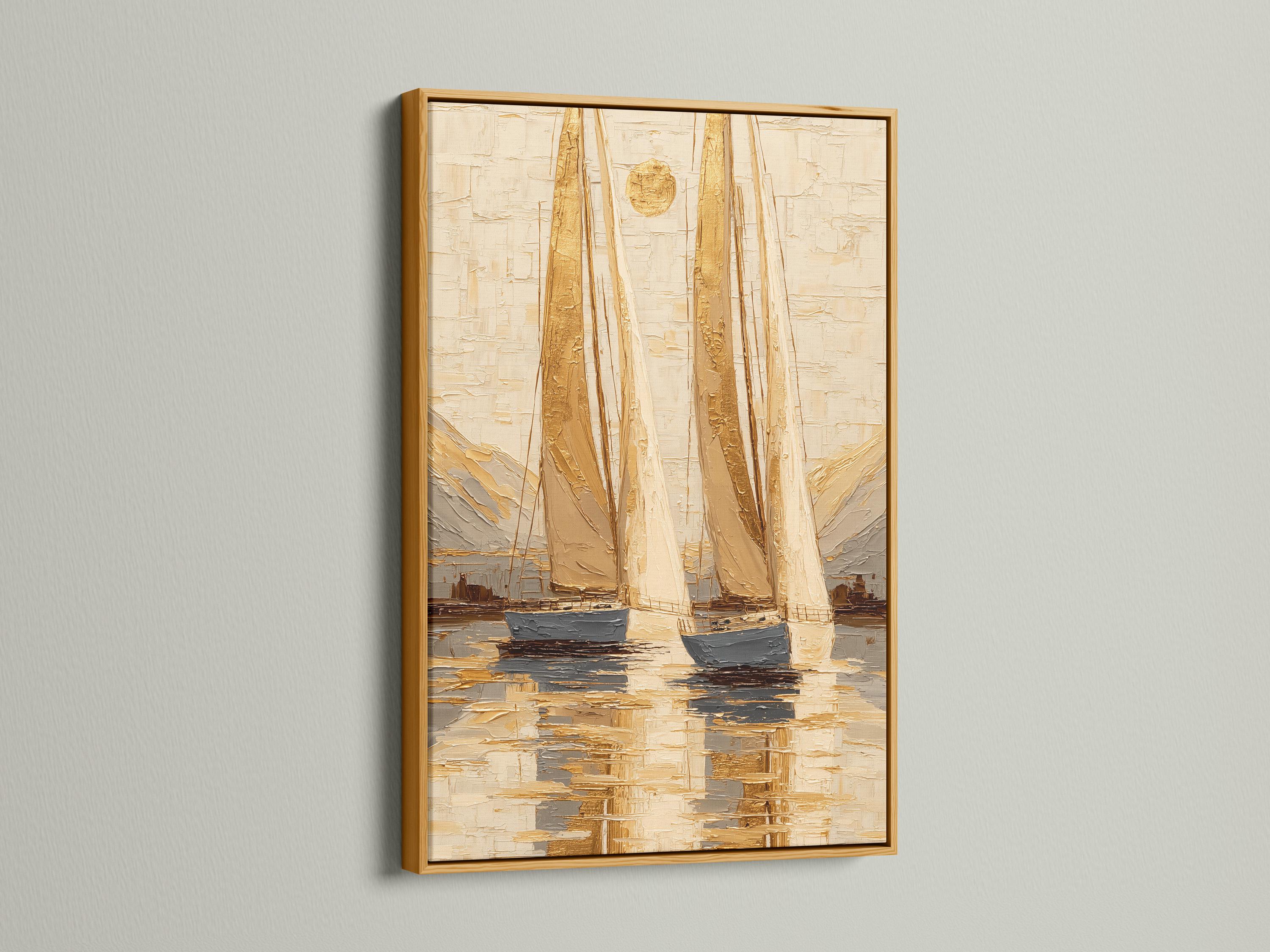 A framed nautical sailboat seascape painting on a wall above a dark sofa in a wood interior