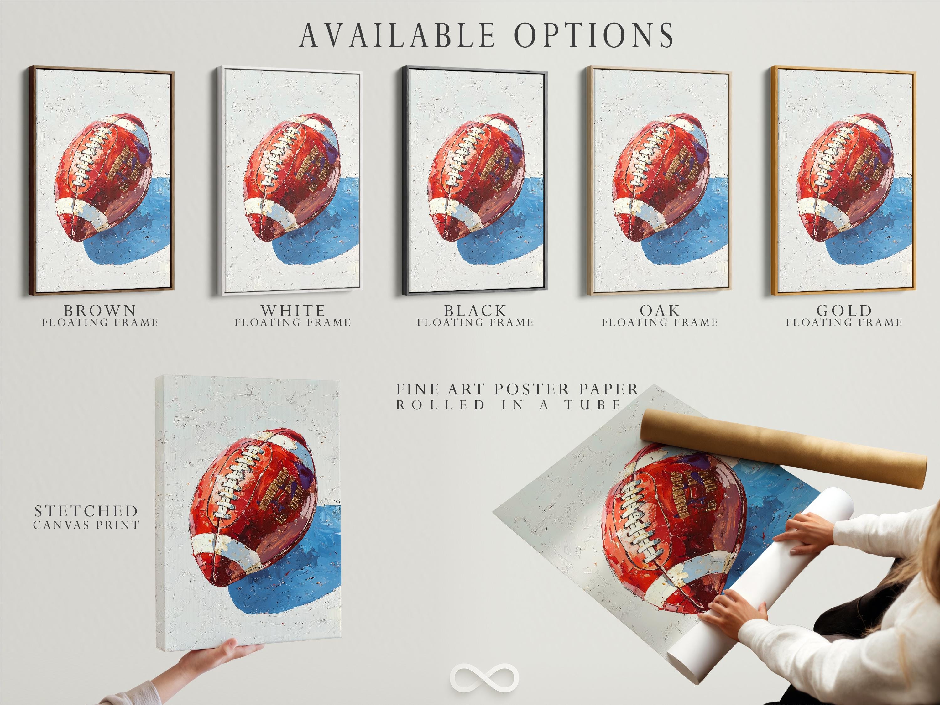 Stylised red and blue football artwork with a helmet-like face and stripe details detail view