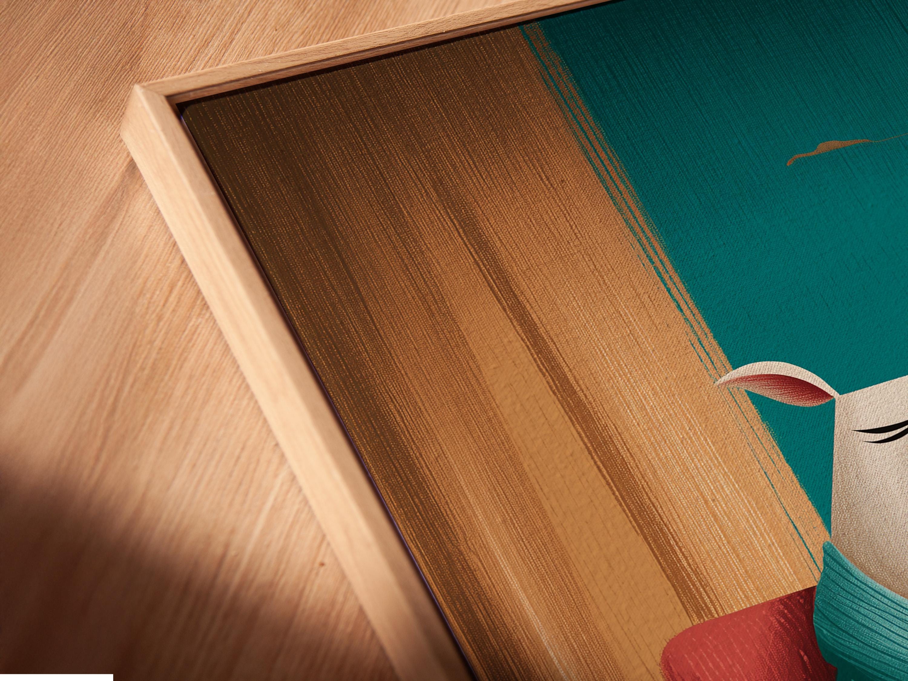Illustration of a smiling pig in a teal jumper holding a wine glass detail view