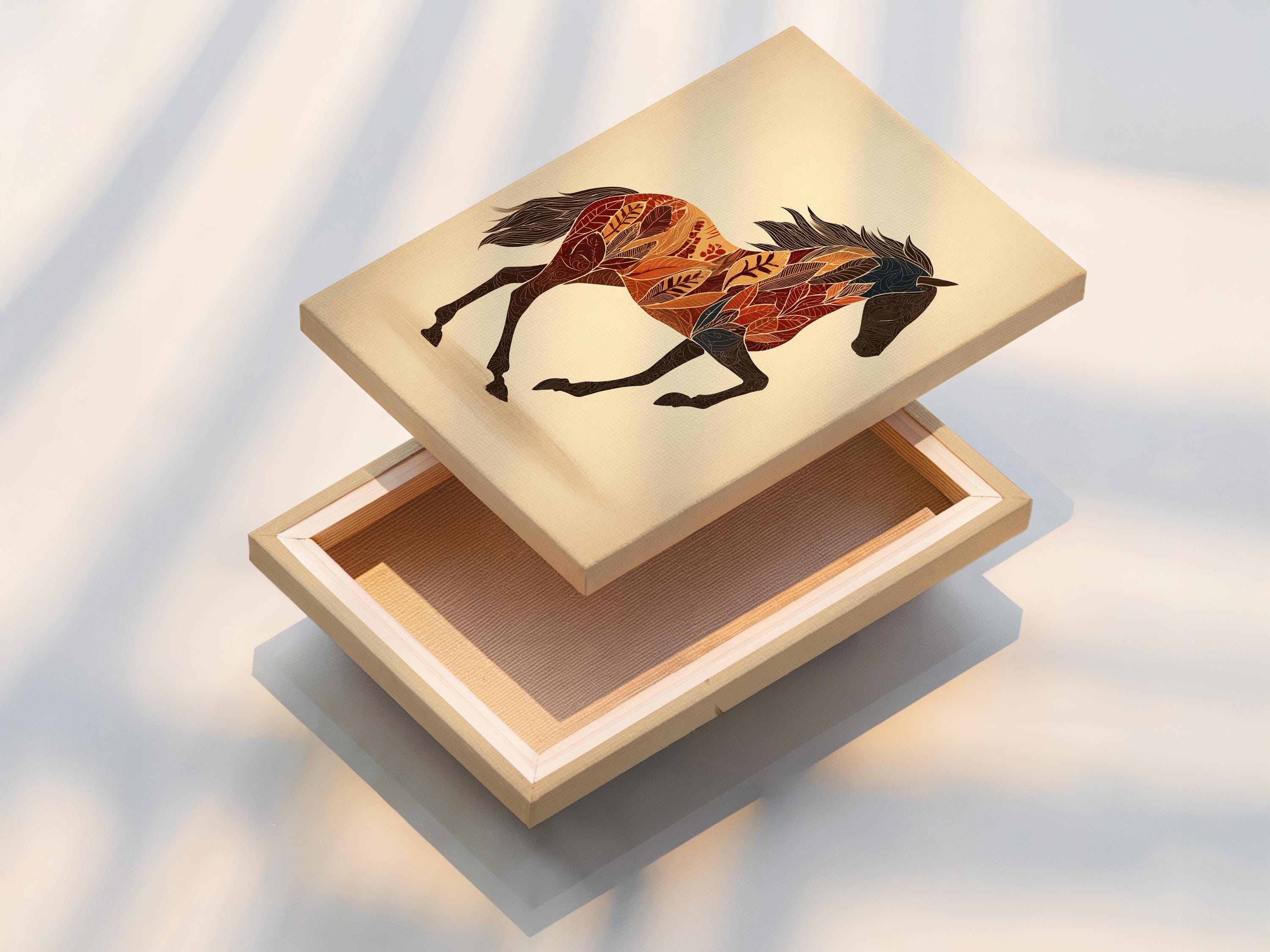 Mockup of a framed horse artwork with botanical leaf pattern on a pale beige background