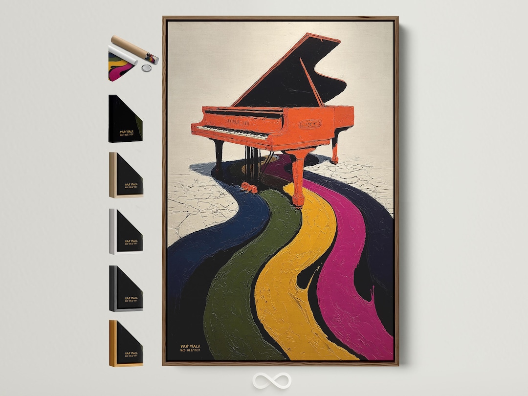 Orange Piano Canvas Art Print - Rainbow Music Wall Art, Eclectic