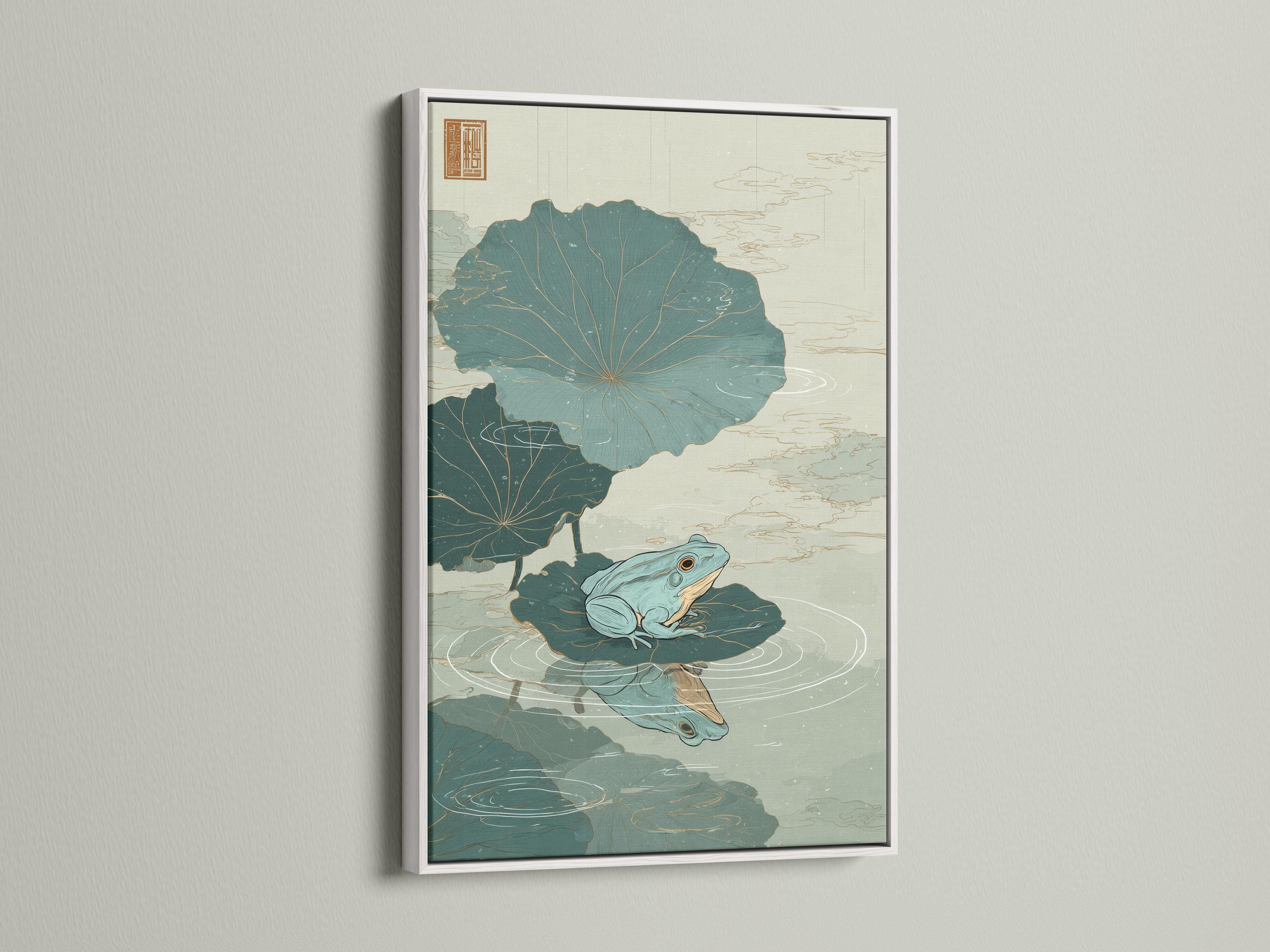 Framed pond illustration with lily pads and two frogs on a wall mockup