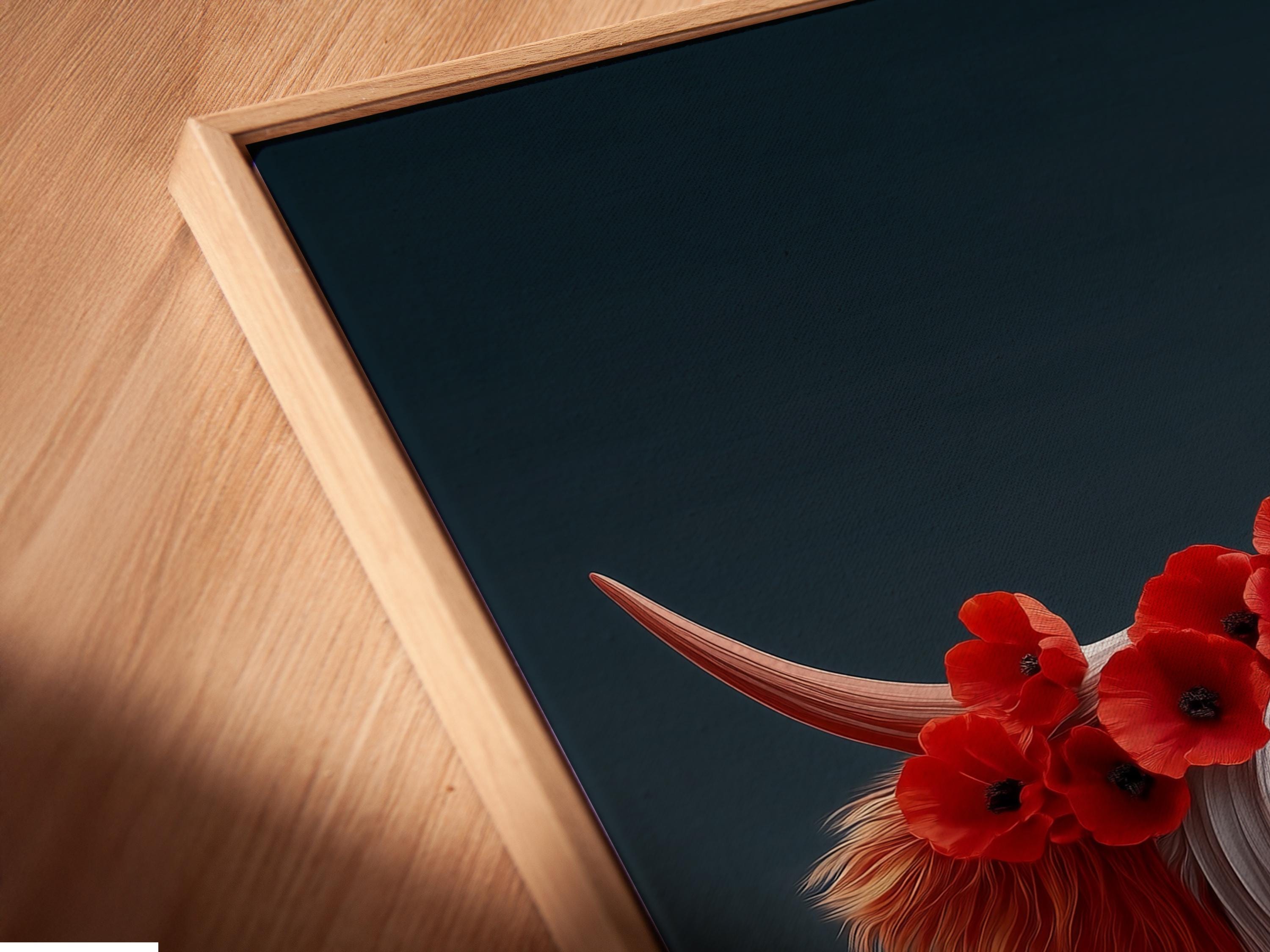 Room mockup featuring a framed stylised Highland cow with red poppy flower crown