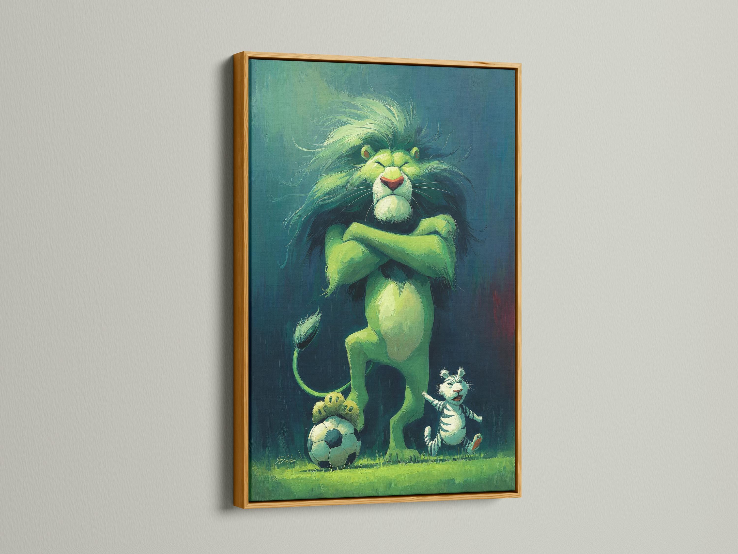 A cartoon-style green lion figure with a raised paw faces forward, with a smaller striped tiger and a soccer ball below on a blue-green background