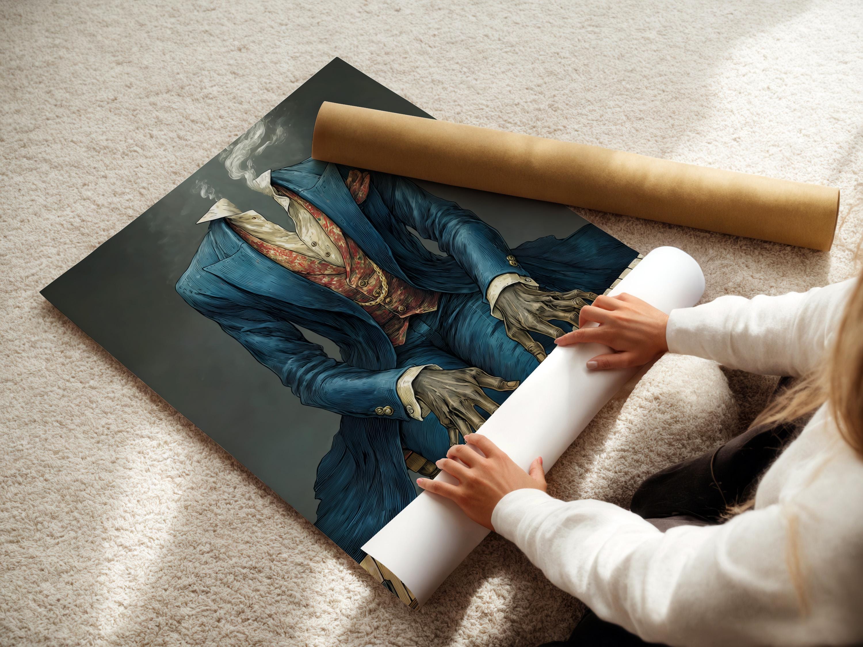 Headless pianist in a blue suit playing an illustrated piano with smoke-like curls behind detail view