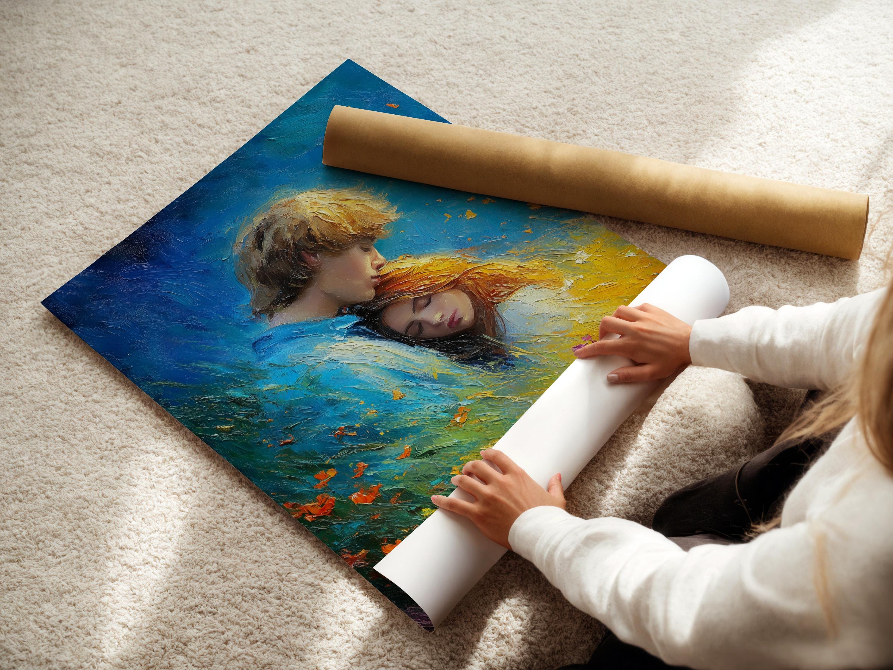 Painted romantic couple embracing in a blue field with warm yellow and gold highlights detail view