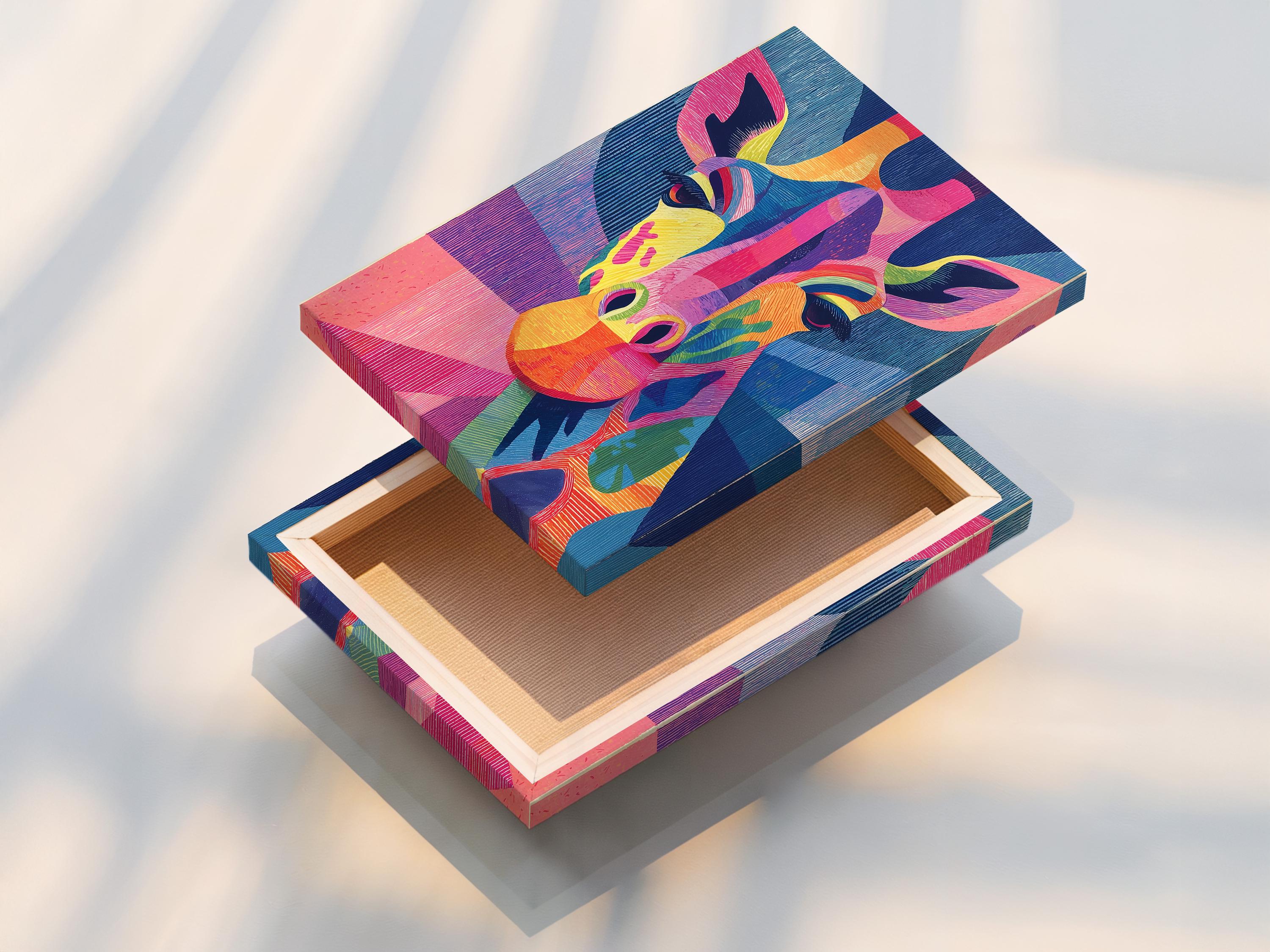 Stylised rainbow giraffe portrait with textured blue, pink and purple geometric background detail view