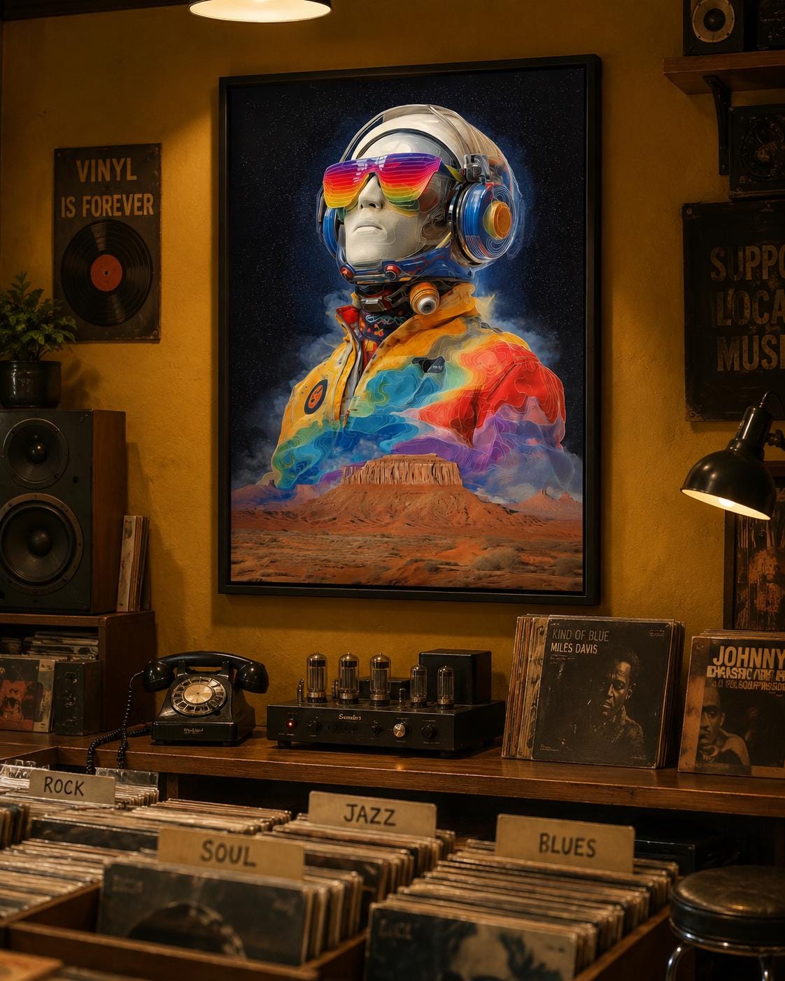 Futuristic astronaut standing in a desert under a dark starry sky with rainbow colours on the helmet and suit detail view