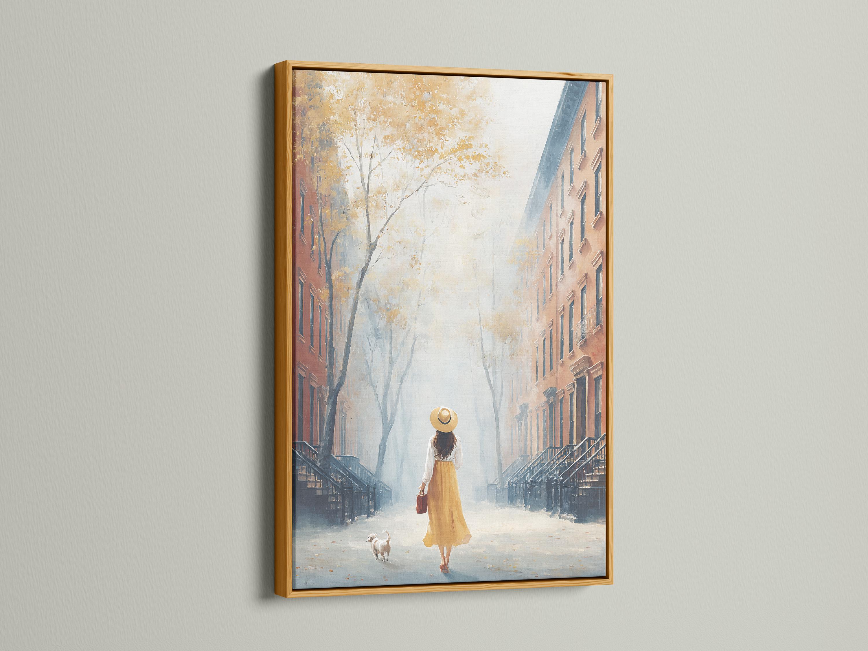 Room mockup showing a framed painterly city street scene with a woman walking a small dog